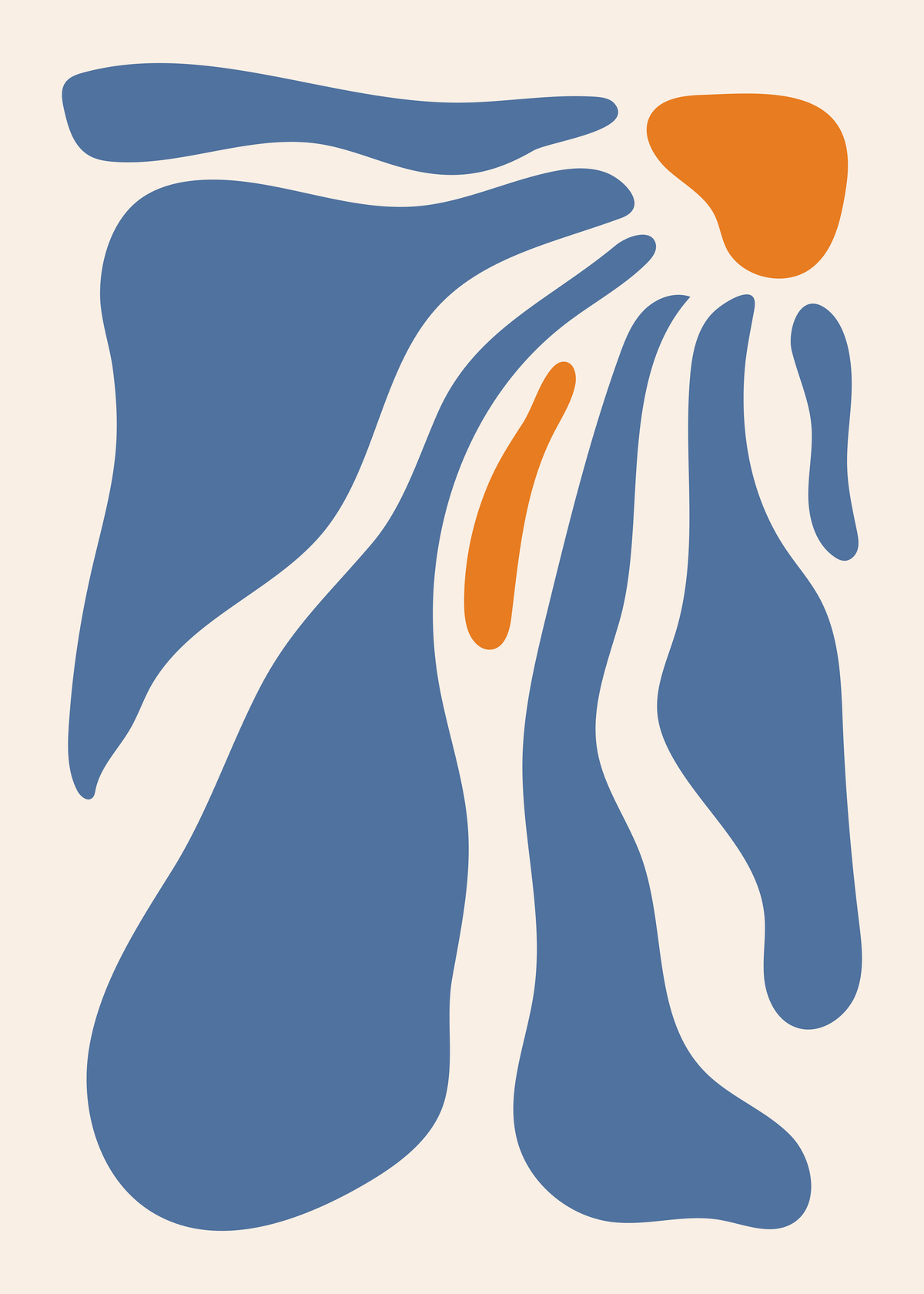 Abstract Flowing Forms Art Print - Blue and Orange Minimalist Design — poster only, complete unframed artwork