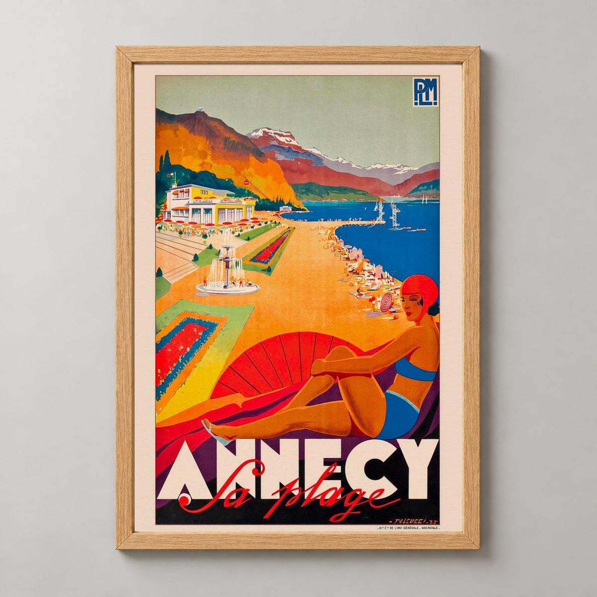 Annecy France Vintage Travel Poster — realistic natural wood frame studio view