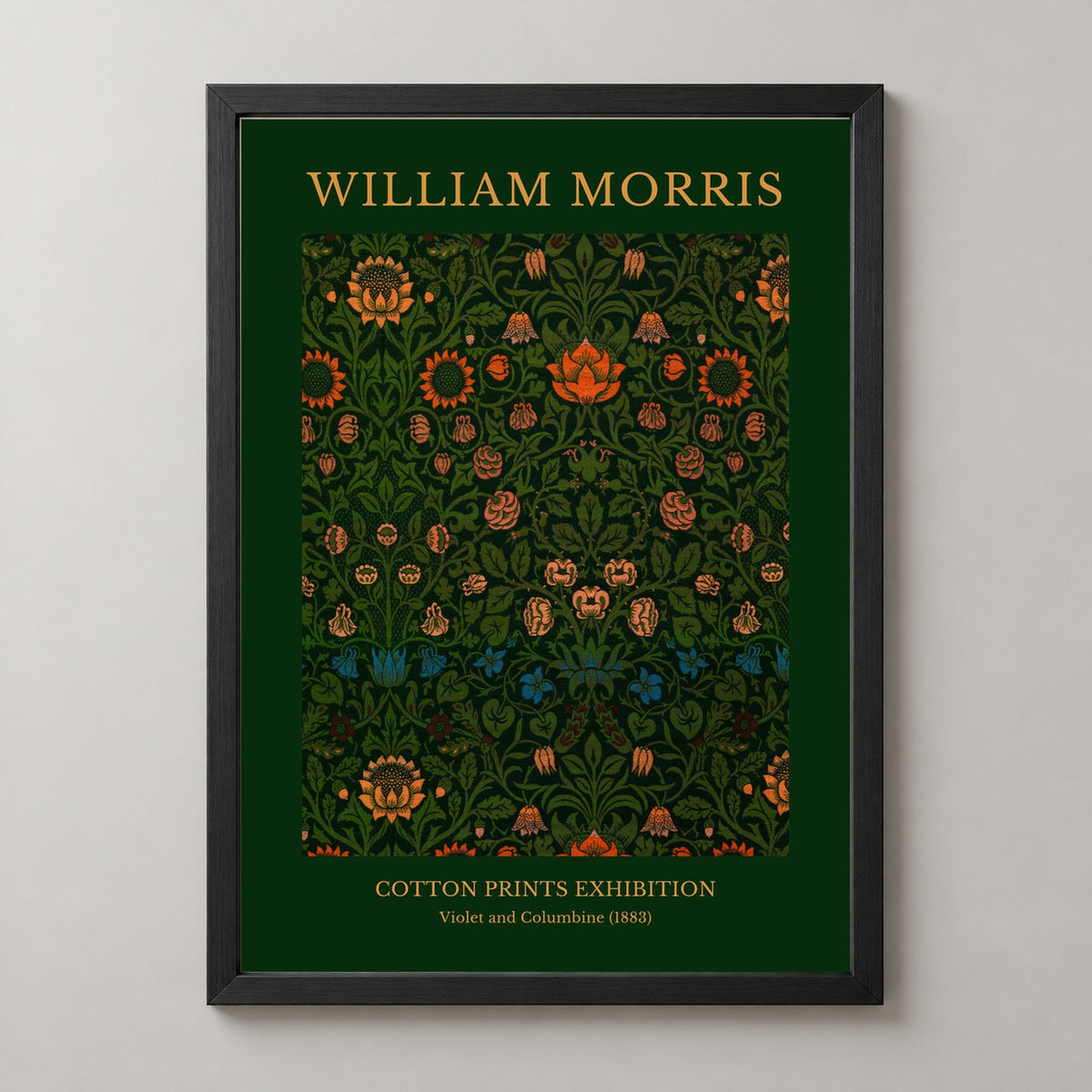 William Morris - Cotton Prints Exhibition, Violet and Columbine (1883) — realistic black frame studio view