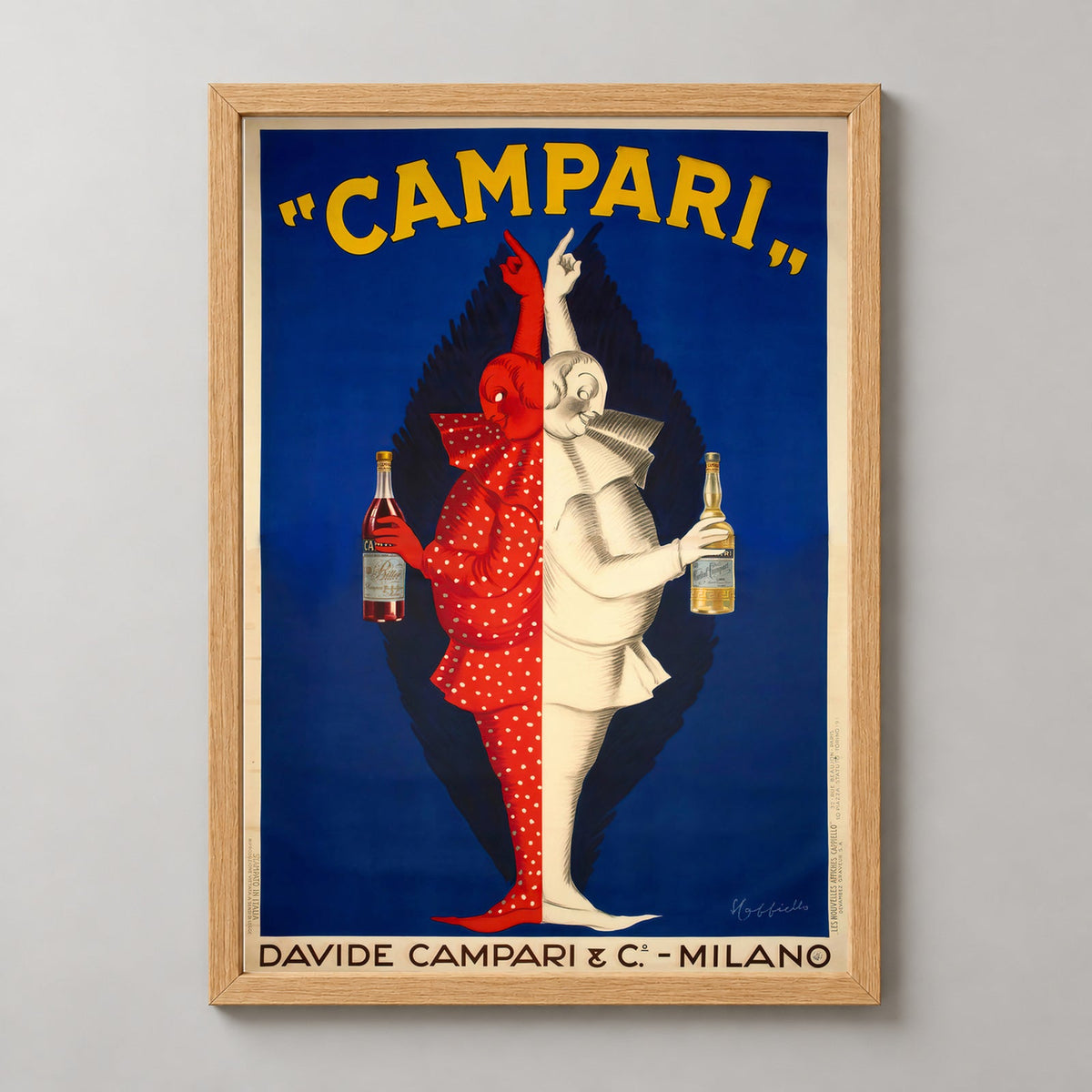 Davide Campari Clowns Red and White Art Nouveau Poster — realistic natural wood frame studio view