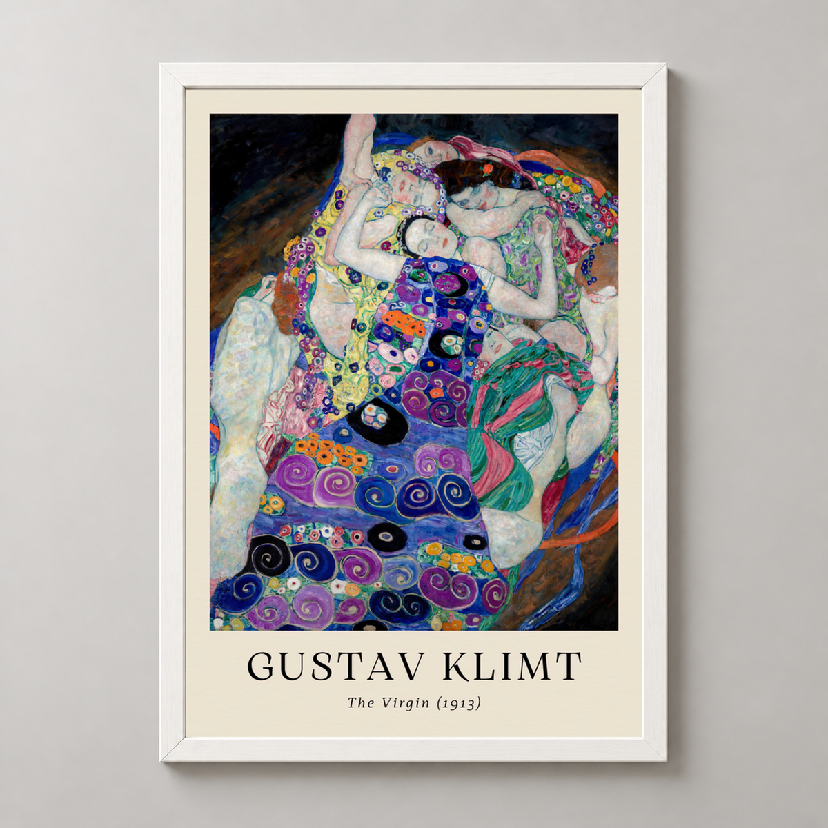 Gustav Klimt's The Virgin - Iconic Art Nouveau Art Print — realistic white frame studio view