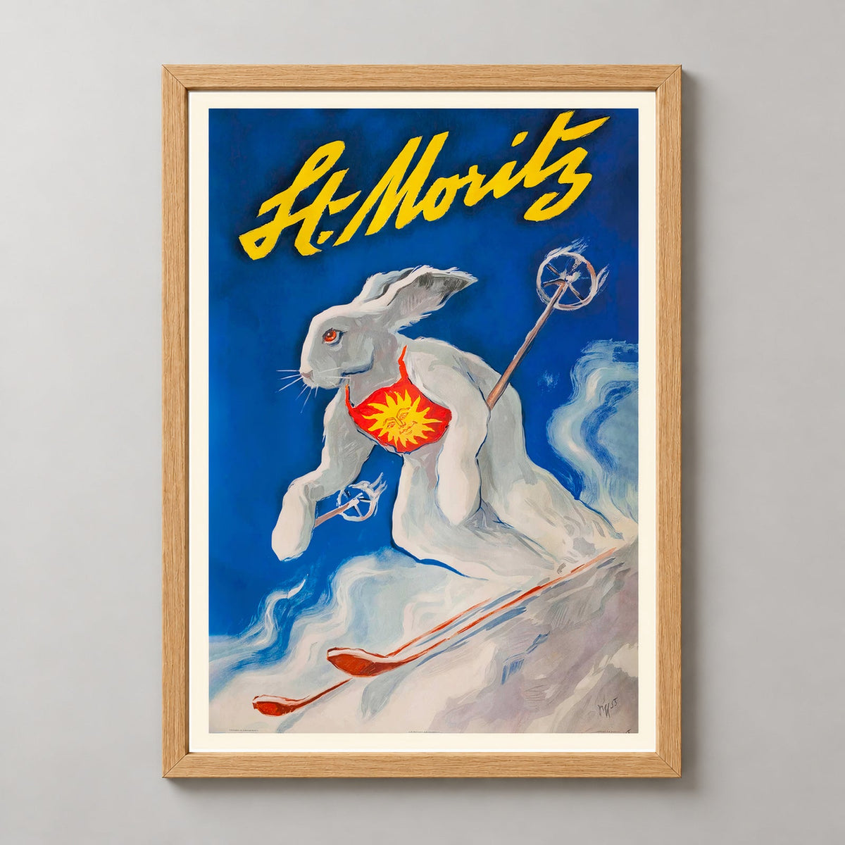 St Moritz Switzerland Vintage Downhill Ski Bunny Poster — realistic natural wood frame studio view