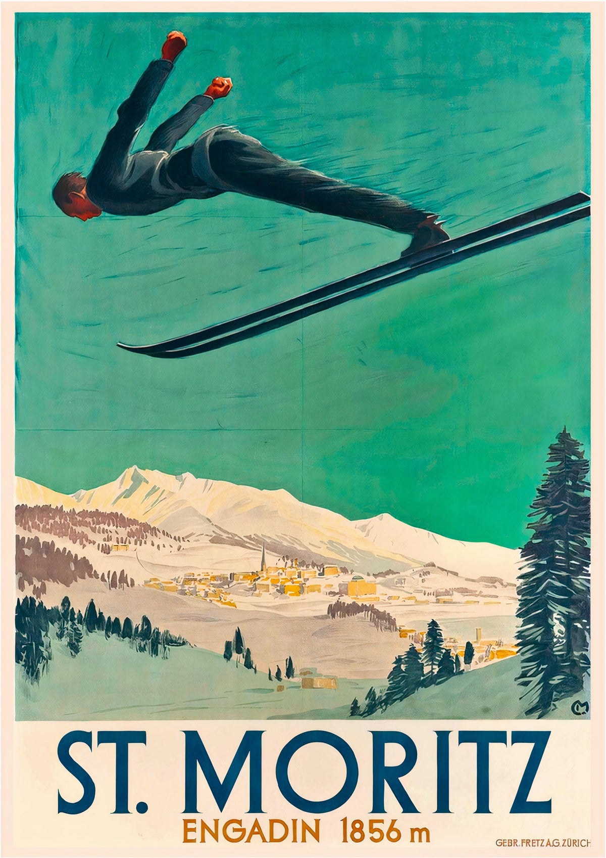 St. Moritz Engadin Switzerland Vintage Aerial Ski Poster — poster only, complete unframed artwork