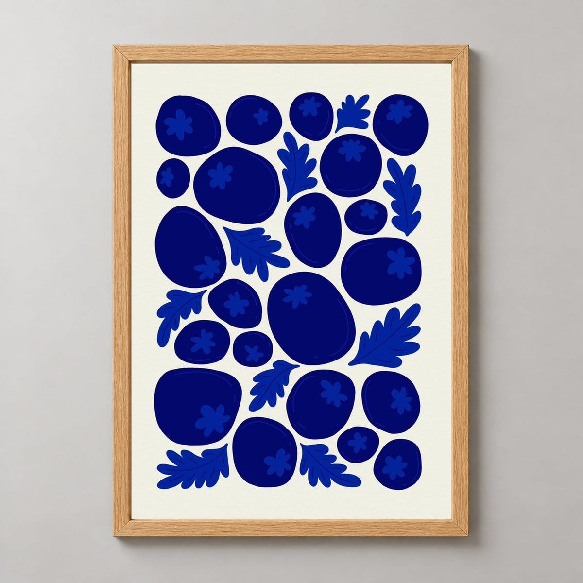 Blueberry Print  | Abstract Fruit Collection | Kitchen Wall Art — realistic natural wood frame studio view