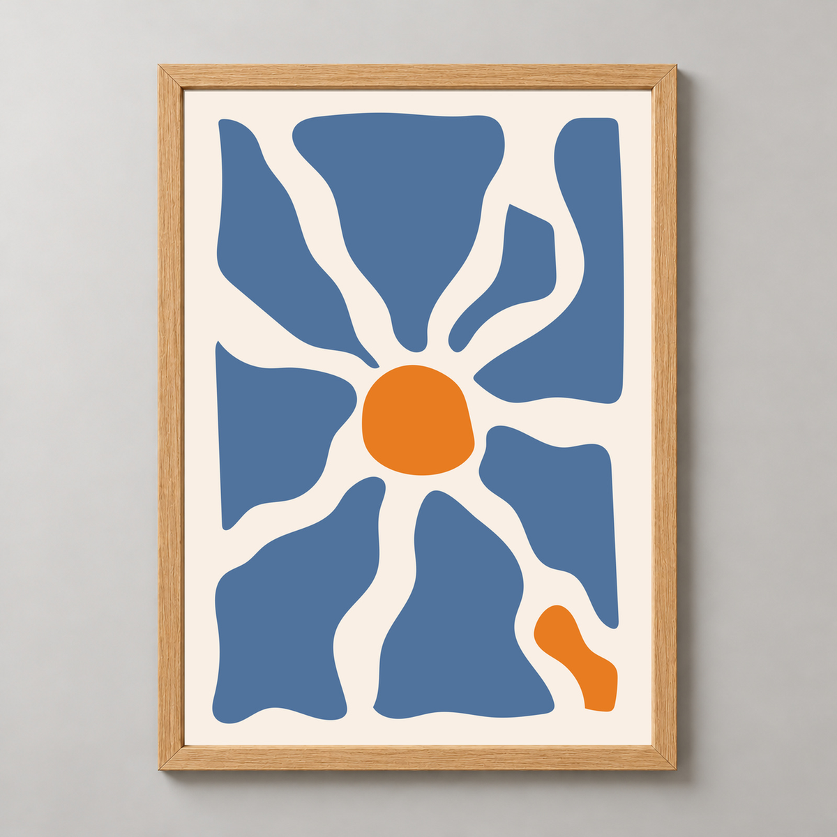 Bold Abstract Sun and Waves Art Print - Modern Minimalist Design — realistic natural wood frame studio view