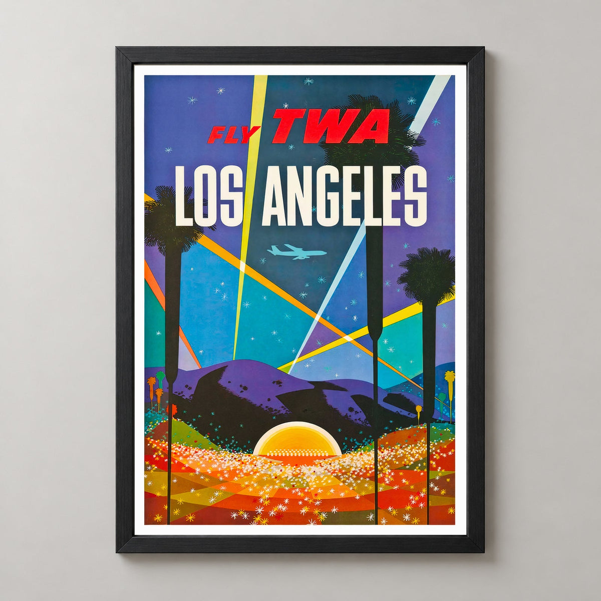 Los Angeles United States Airline Vintage Travel Poster — realistic black frame studio view