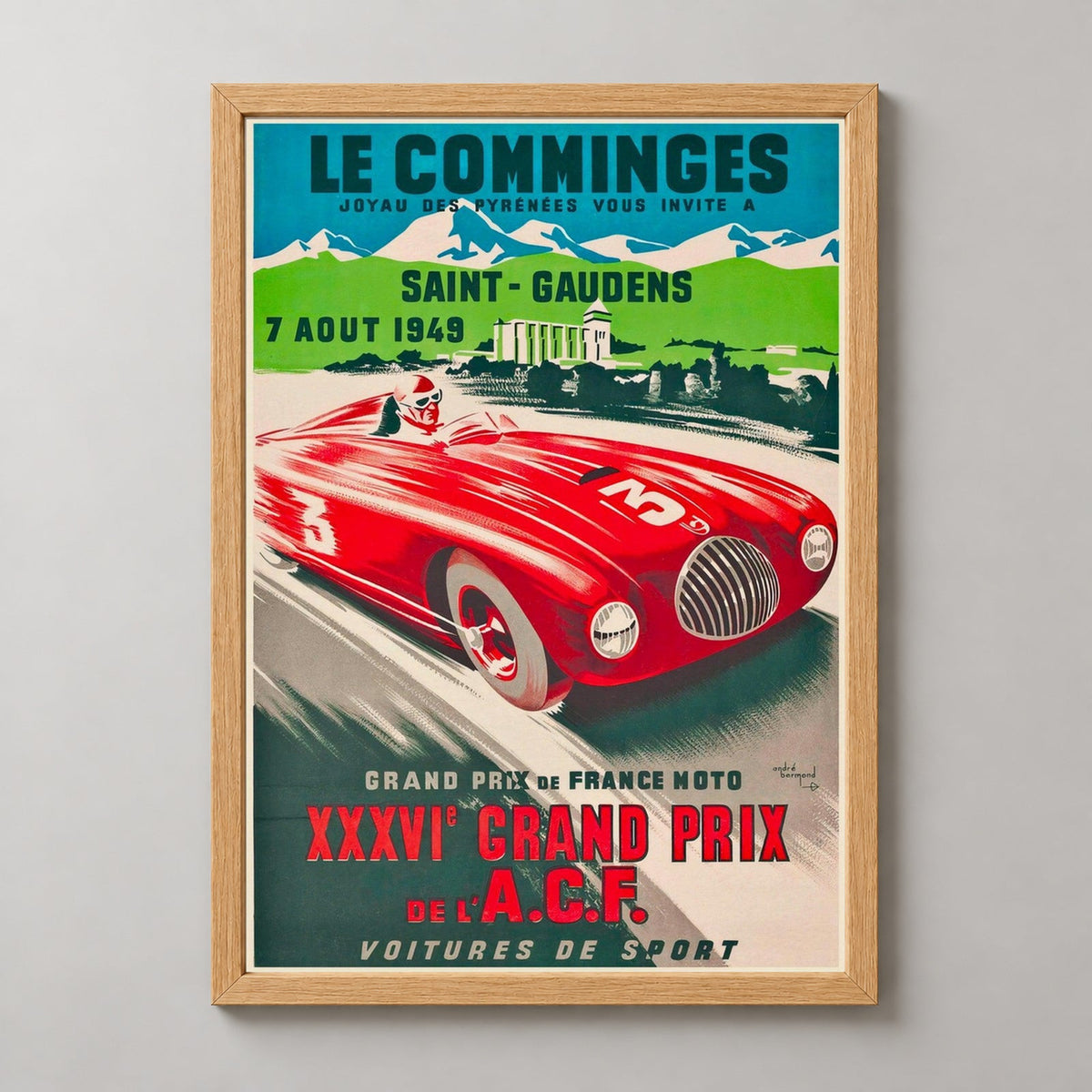 XXXVI Grand Prix of the ACF at Comminges France Vintage Racing Poster — realistic natural wood frame studio view