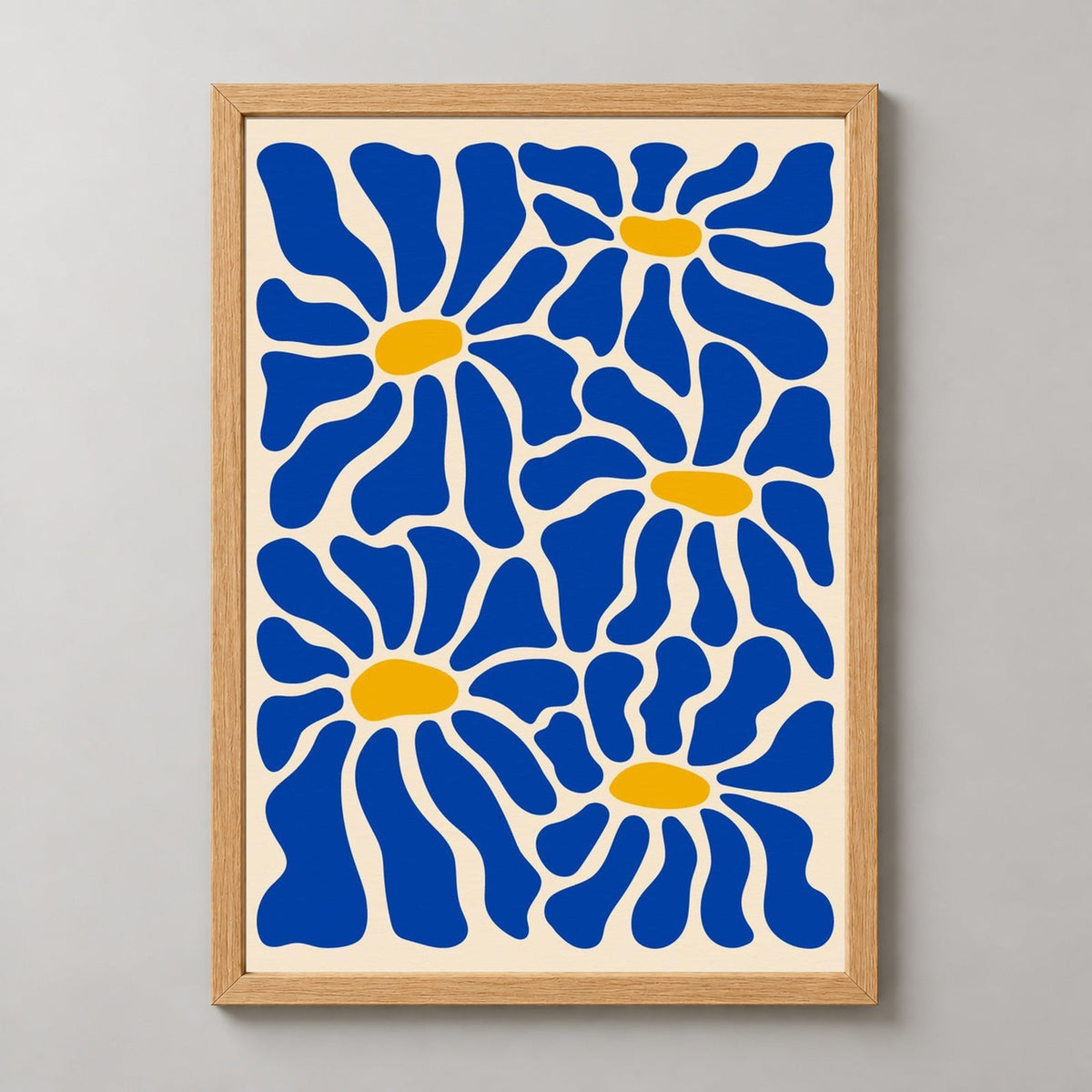 Blue Flowers - Matisse Inspired Print | Abstract Collection — realistic natural wood frame studio view