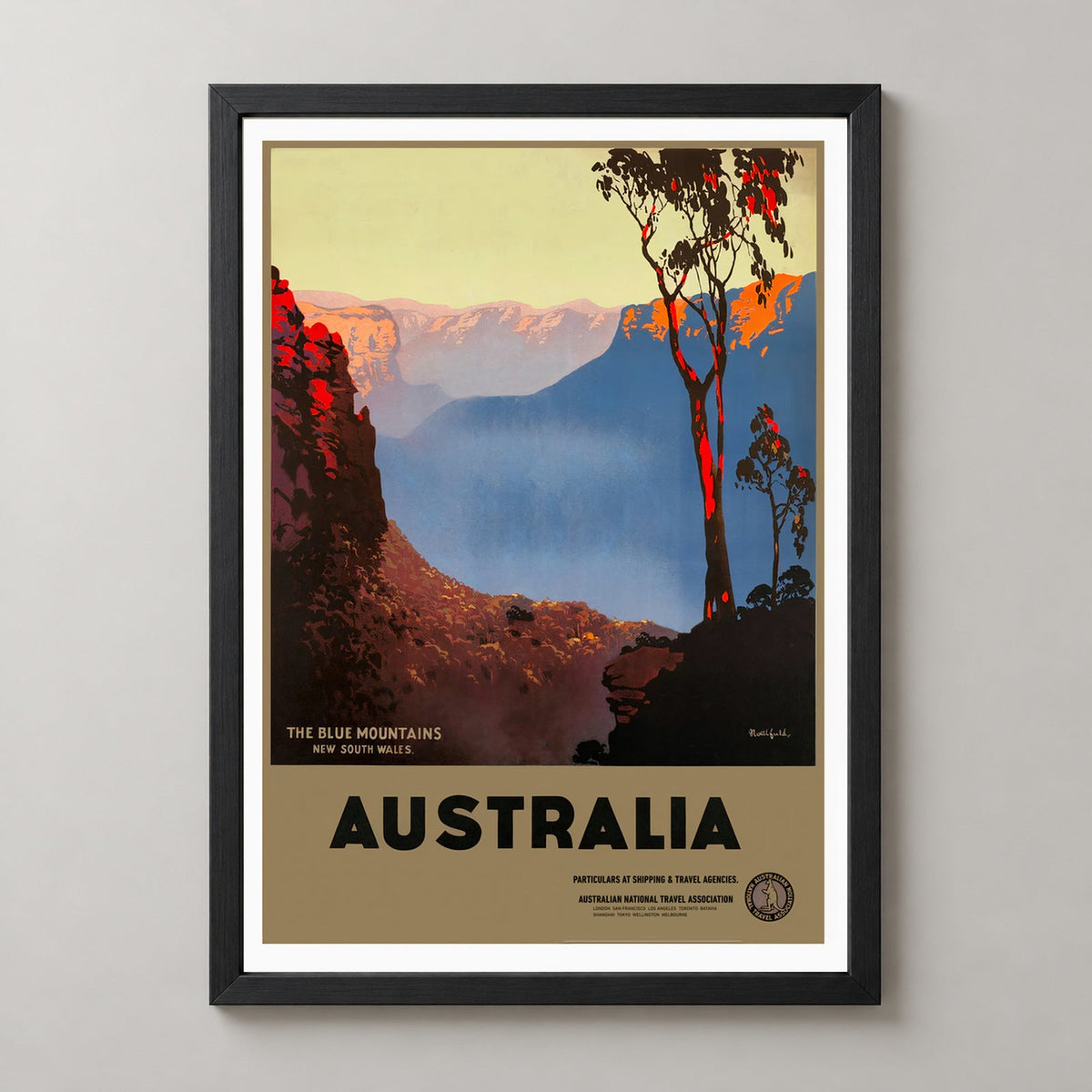 Blue Mountains NSW Vintage Australian Travel Poster — realistic black frame studio view