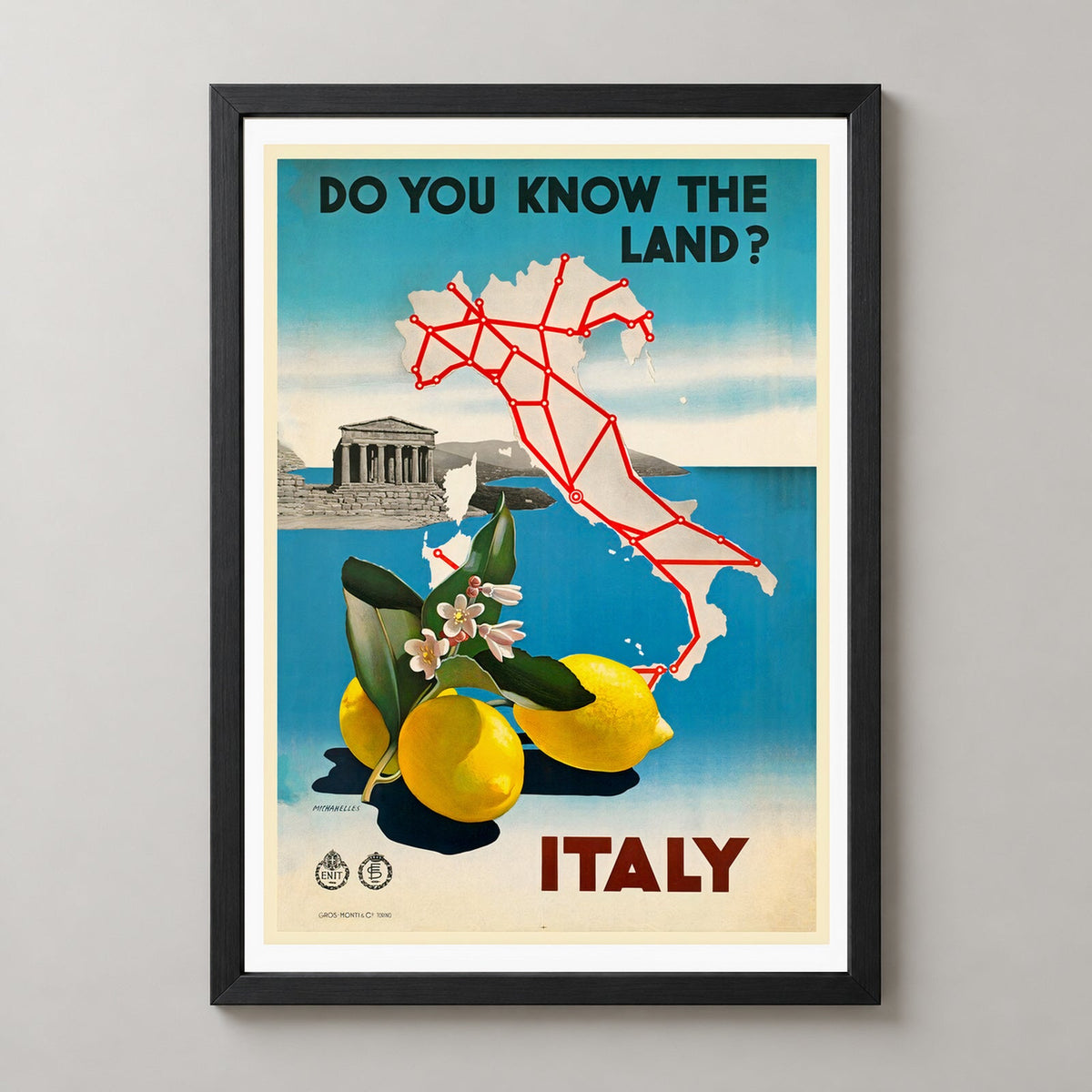 Italy Do You Know the Land Vintage Travel Print — realistic black frame studio view