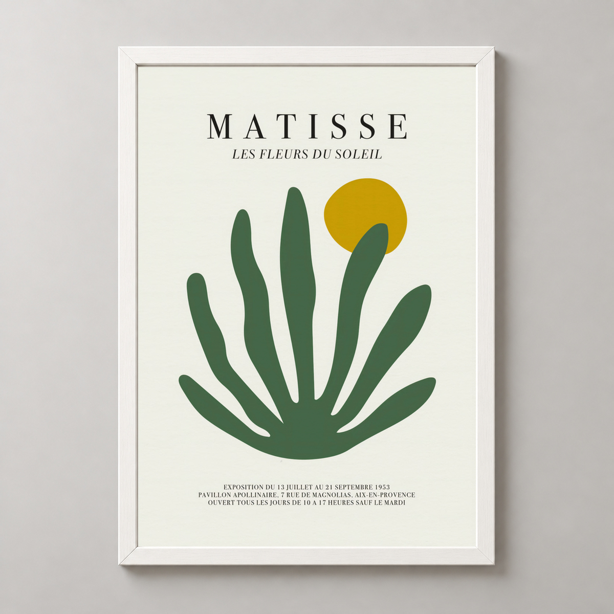 Matisse's Les Fleurs du Soleil - Elegant Botanical Art Print — realistic white frame studio view