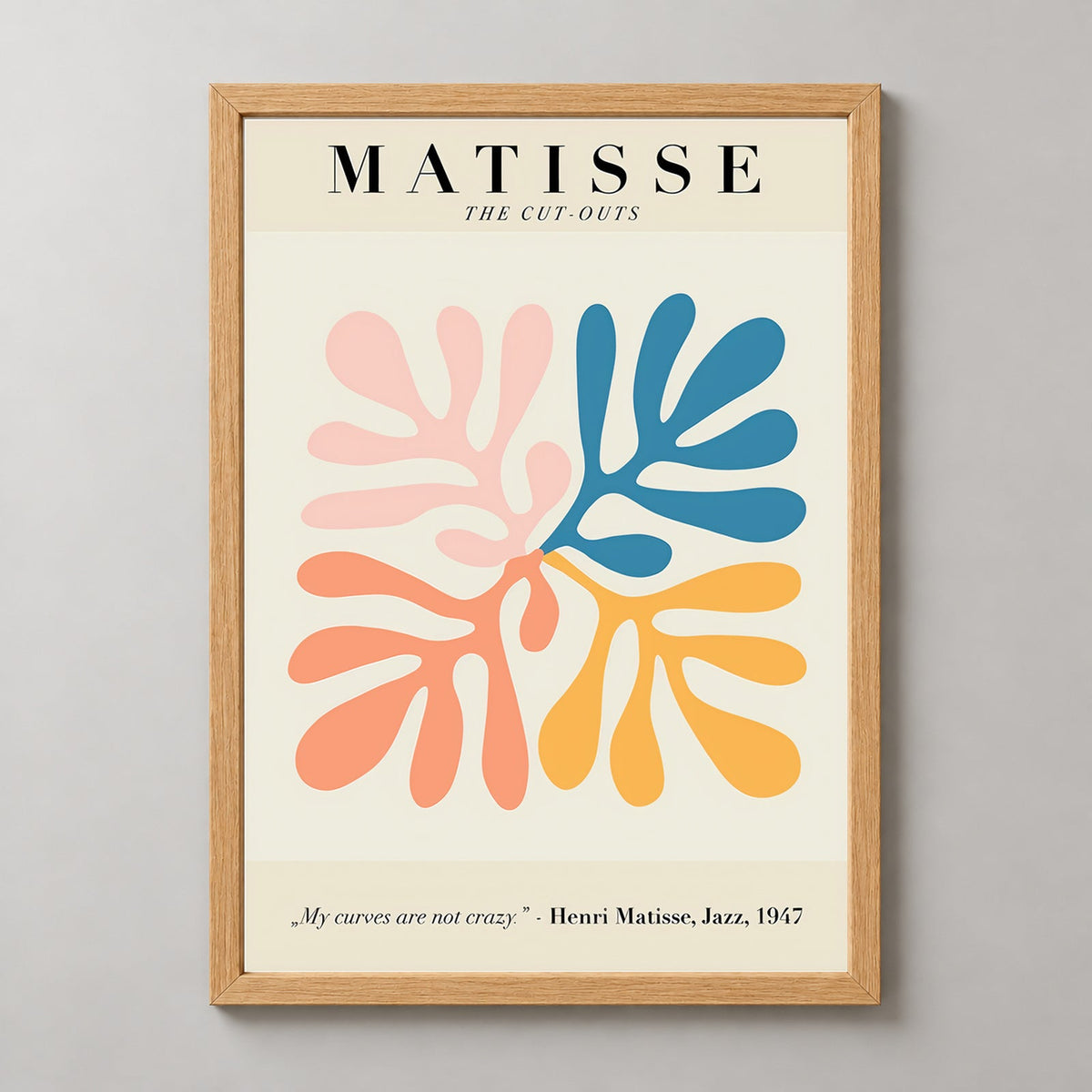 The Jazz Cut-Outs, Henri Matisse Modernist Print (1947) — realistic natural wood frame studio view
