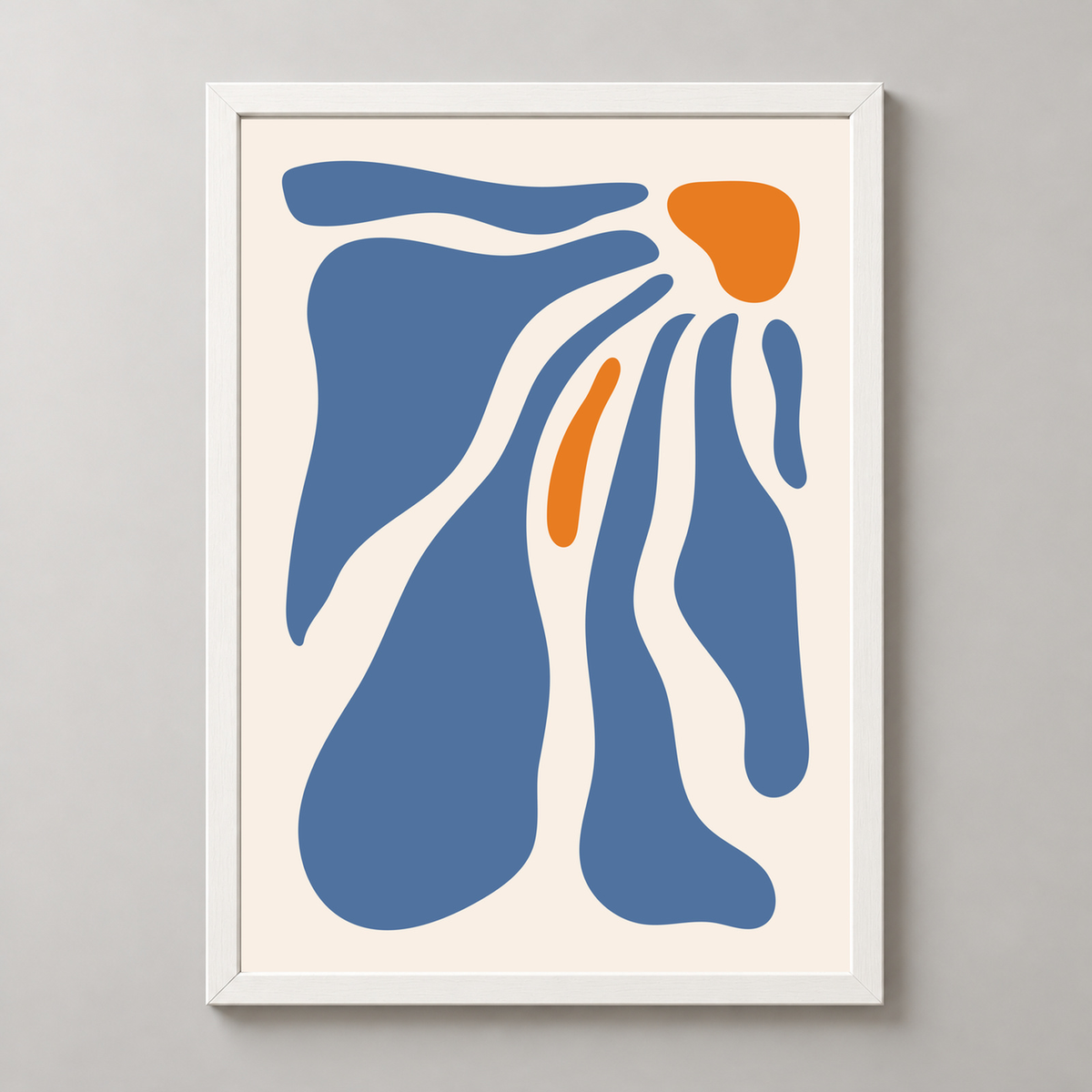 Abstract Flowing Forms Art Print - Blue and Orange Minimalist Design — realistic white frame studio view
