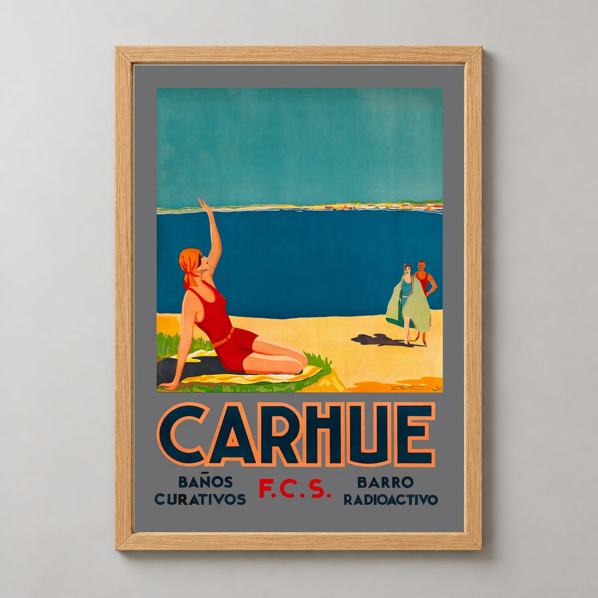 Carhué Argentina Vintage Travel Poster - Beautiful Seaside Town Art Print — realistic natural wood frame studio view