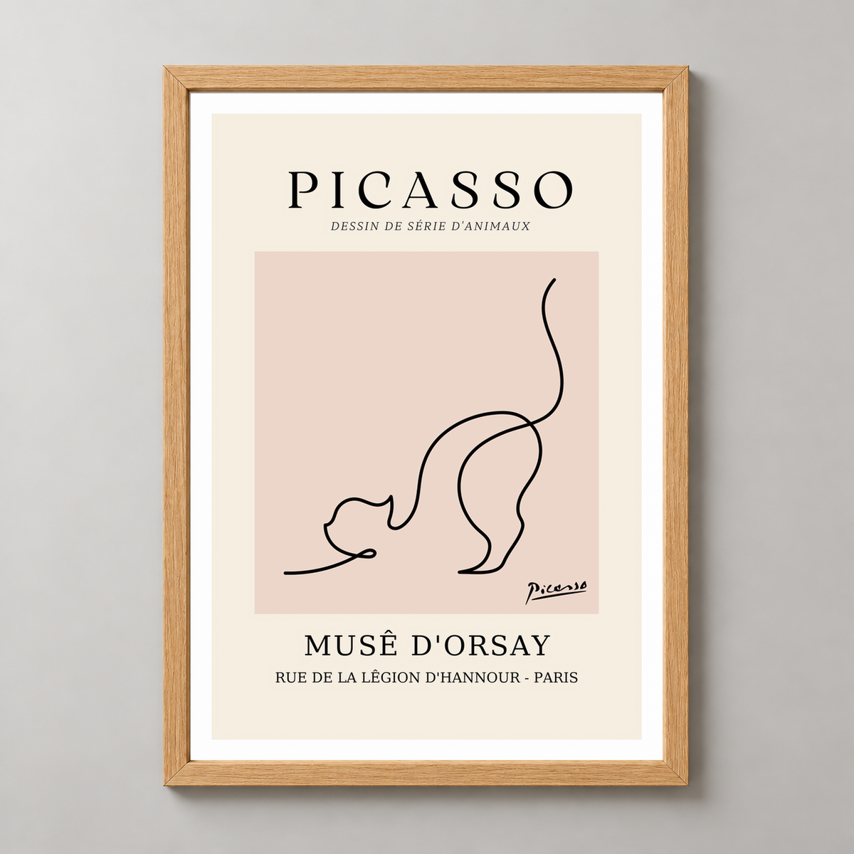 Picasso's Lively Cat Illustration Art Print - Museé d'Orsay — realistic natural wood frame studio view