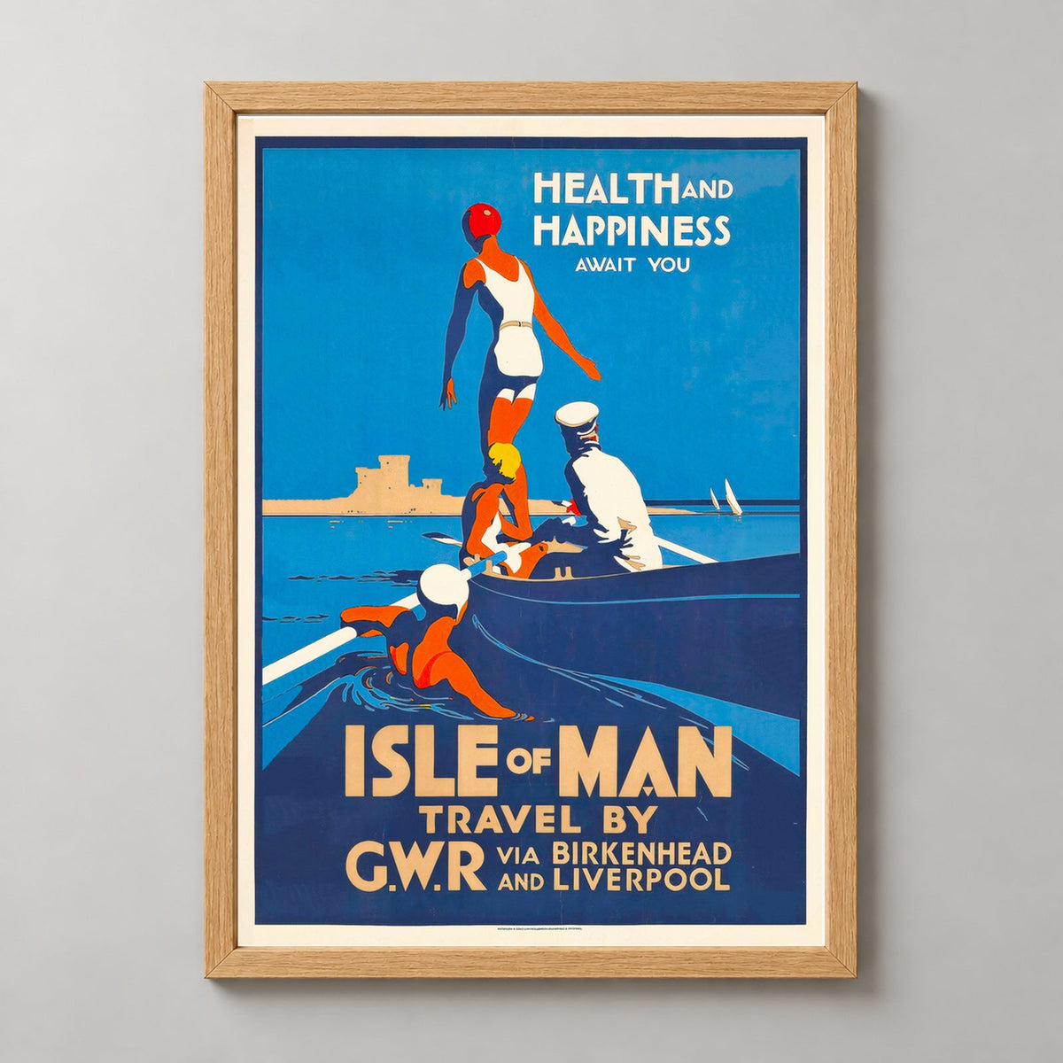 Isle of Man Travel via Birkenhead and Liverpool Vintage Travel Poster — realistic natural wood frame studio view