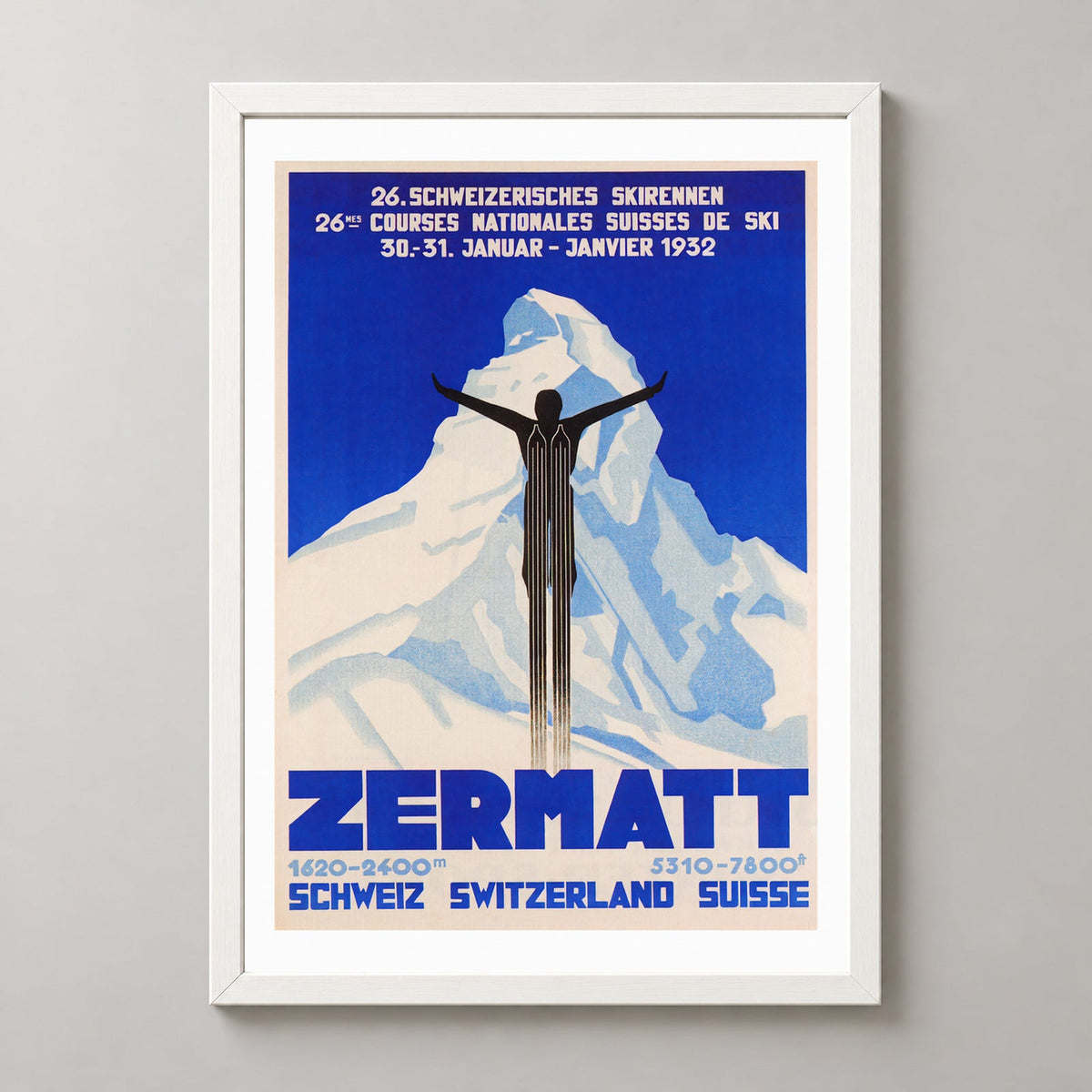 Zermatt Switzerland Swiss Vintage Aerial Ski Poster 1932 — realistic white frame studio view