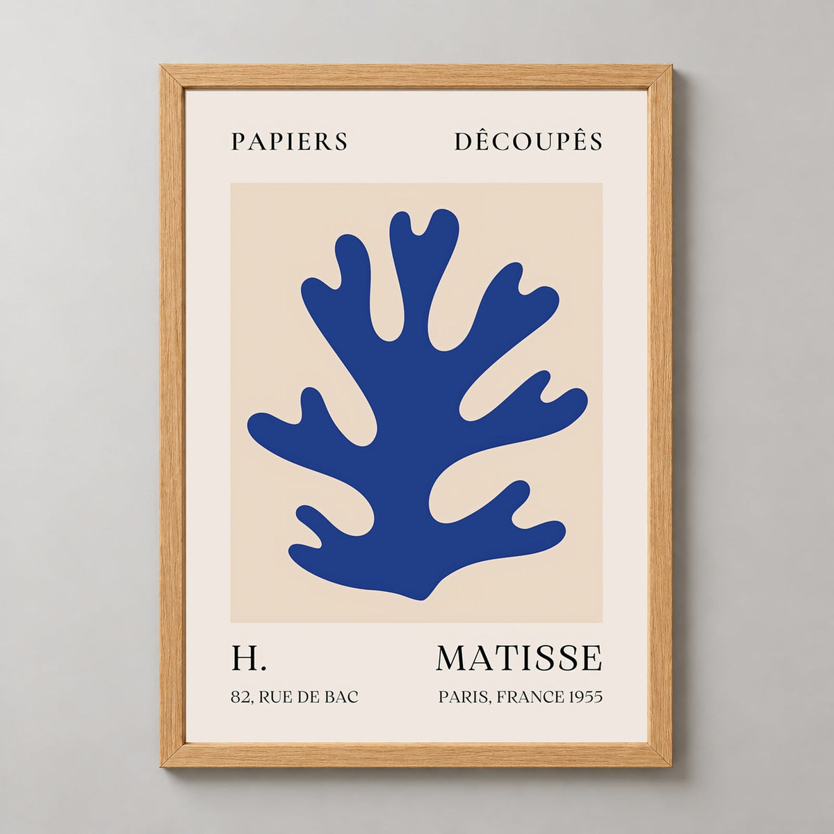 Papiers Découpés Blue H. Matisse Print (1955) — realistic natural wood frame studio view