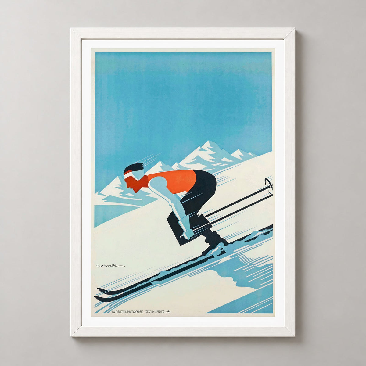 Grenoble Vintage Ski Poster - Vintage France Art Print — realistic white frame studio view