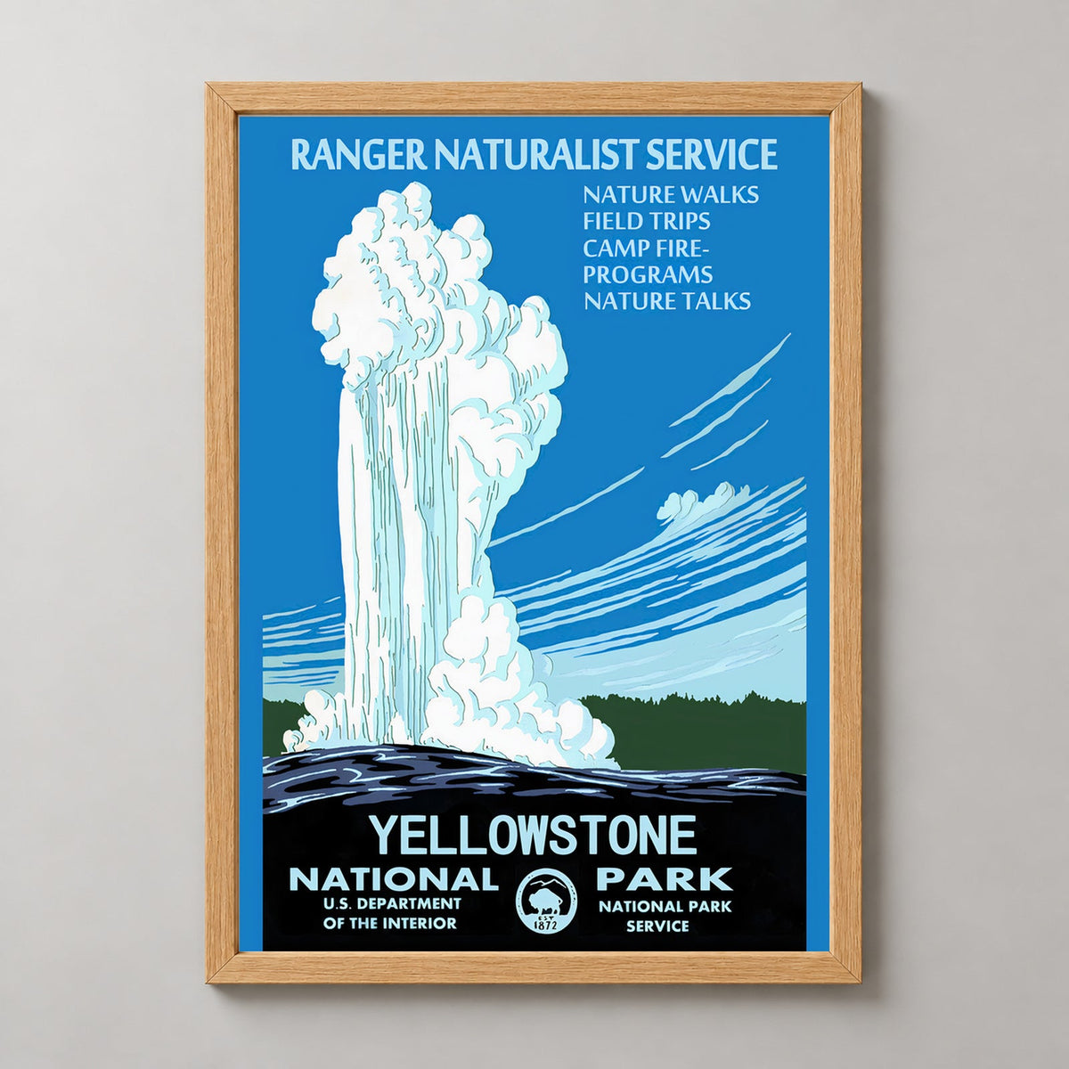 Yellowstone National Park Old Faithful Vintage Travel Poster 1938 — realistic natural wood frame studio view