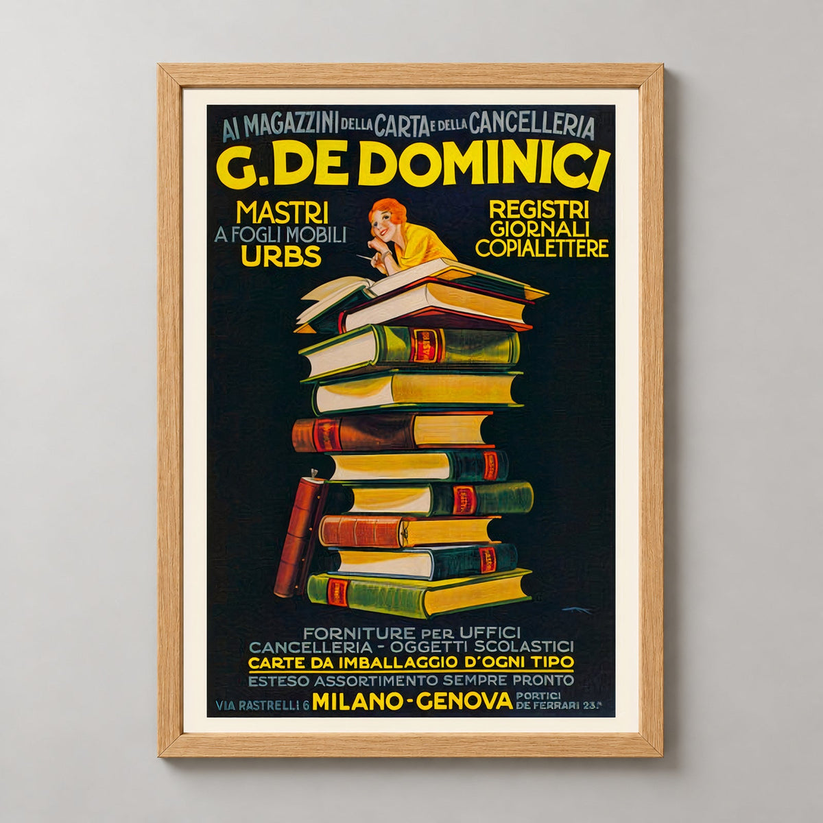 Vintage Advertising Poster - G. De Dominici Books - Framed/Unframed — realistic natural wood frame studio view