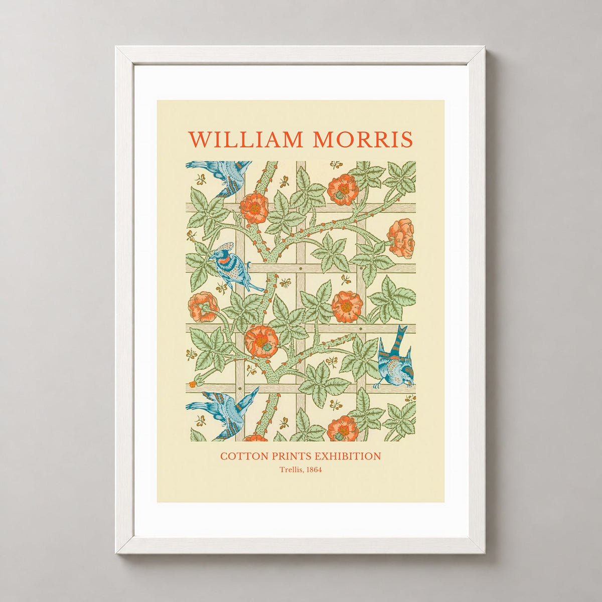 William Morris - Cotton Prints Exhibition, Trellis (1864) — realistic white frame studio view