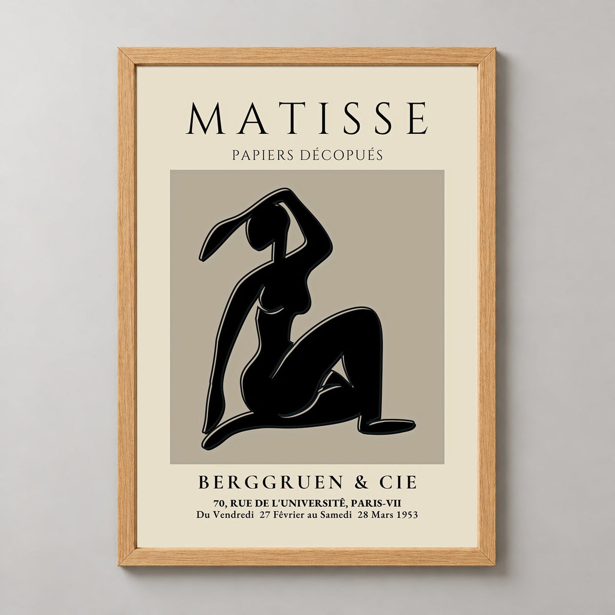 Henri Matisse Print, exhibition at Galerie Berggruen & Cie Black Silhouette — realistic natural wood frame studio view