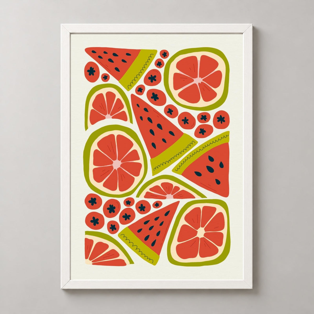 Red Fruits Print  | Abstract Fruit Collection | Kitchen wall art — realistic white frame studio view