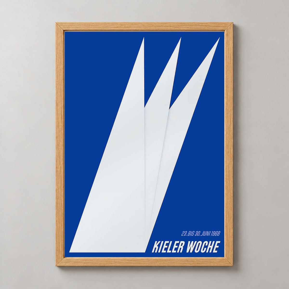 Kieler Woche Regatta Vintage Poster 1968 — realistic natural wood frame studio view
