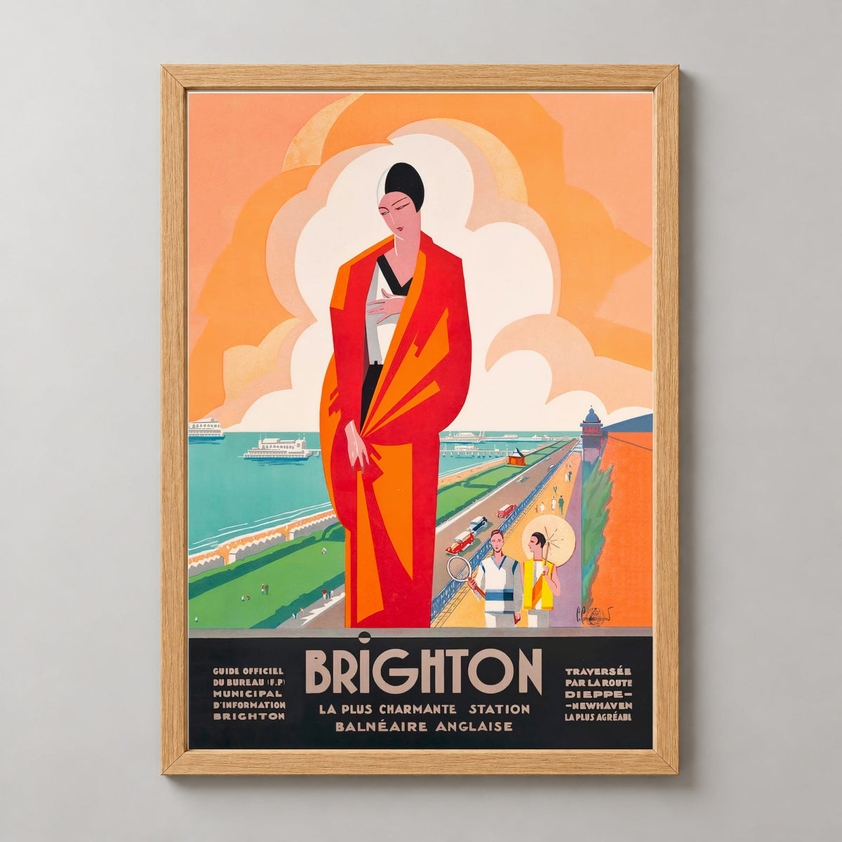 Brighton The Most Charming English Seaside Resort Vintage Travel Poster by Roger Broders — realistic natural wood frame studio view