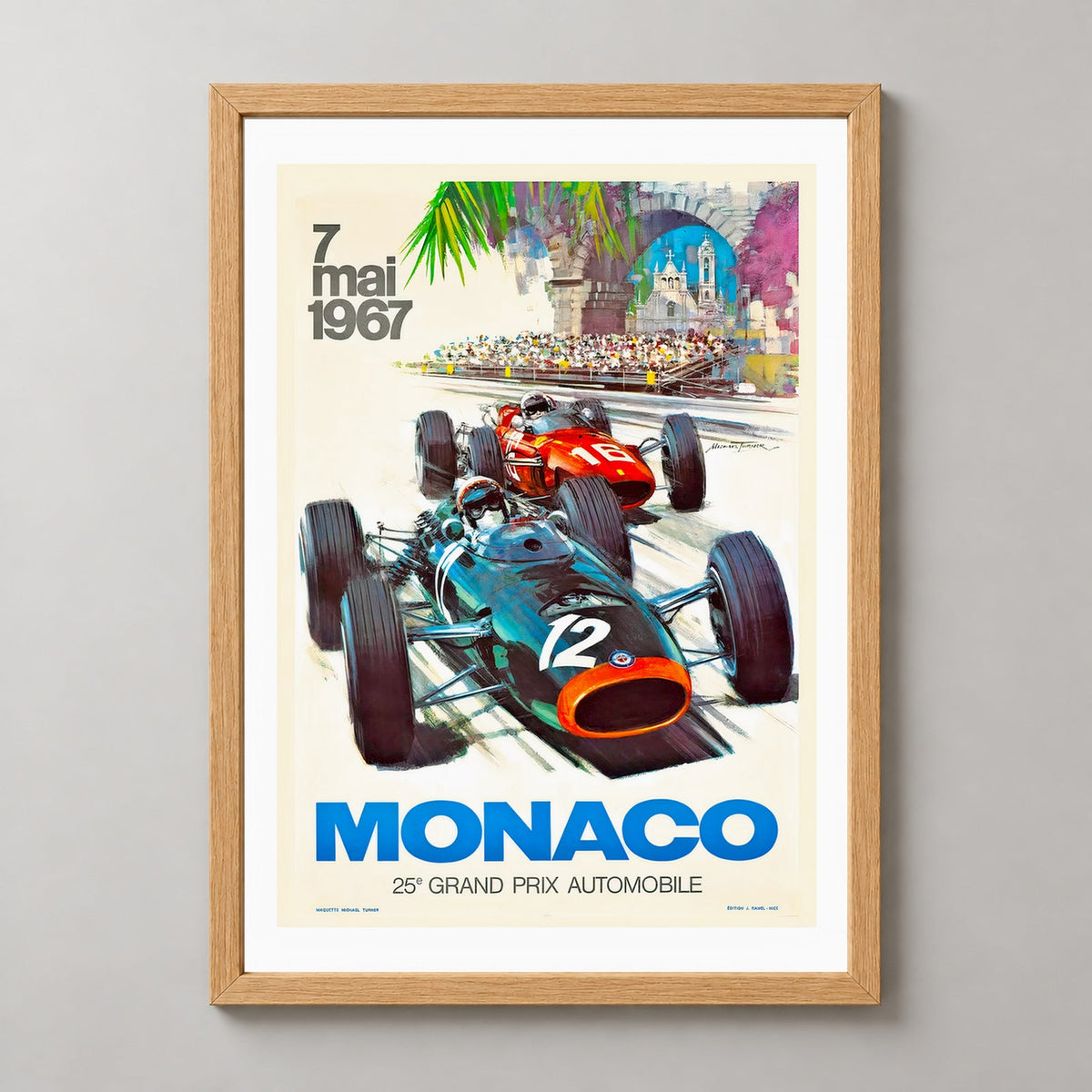 Monaco 25th Grand Prix Automobile 1967 Vintage Racing Poster — realistic natural wood frame studio view