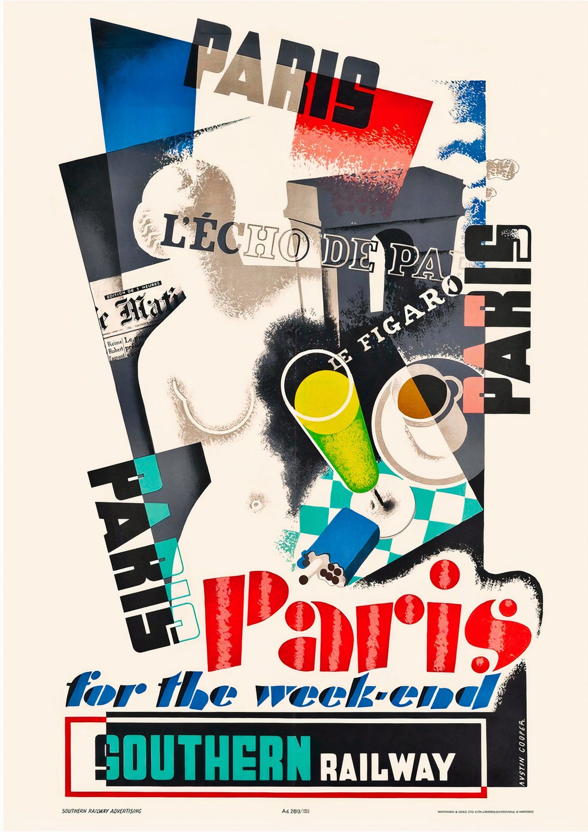 Paris For the Weekend Southern Railway Vintage Travel Poster — poster only, complete unframed artwork