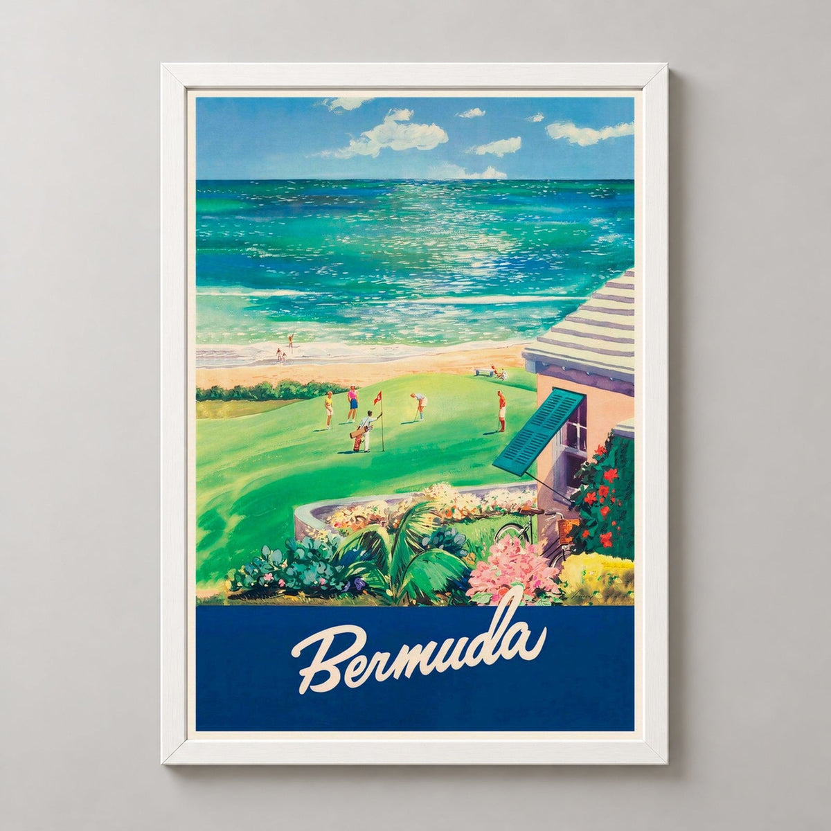 Bermuda Vintage Travel Poster — realistic white frame studio view