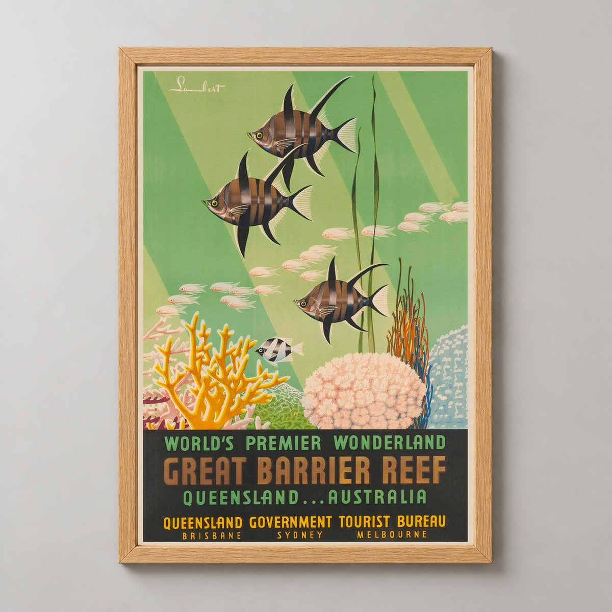 Great Barrier Reef Queensland Australia Vintage Travel Poster — realistic natural wood frame studio view