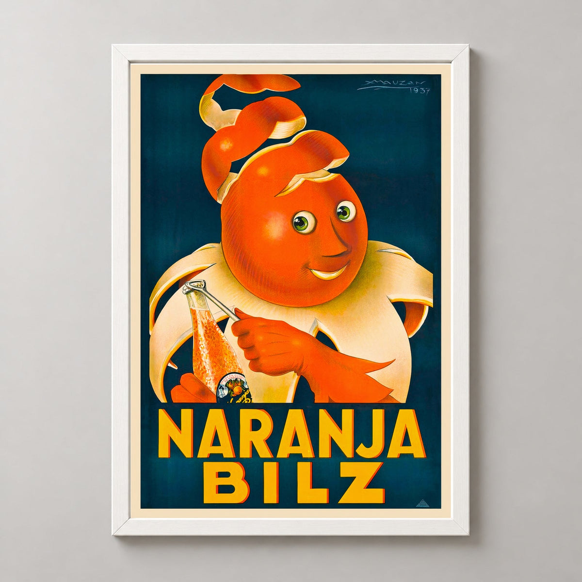 Naranja Bilz Orange Juice Vintage Advertising Poster by Achille Mauzan — realistic white frame studio view