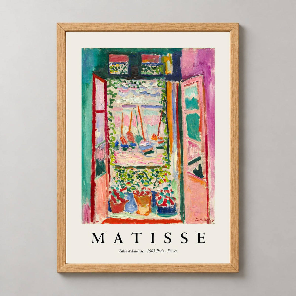 Open Window, Henri Matisse Print — realistic natural wood frame studio view