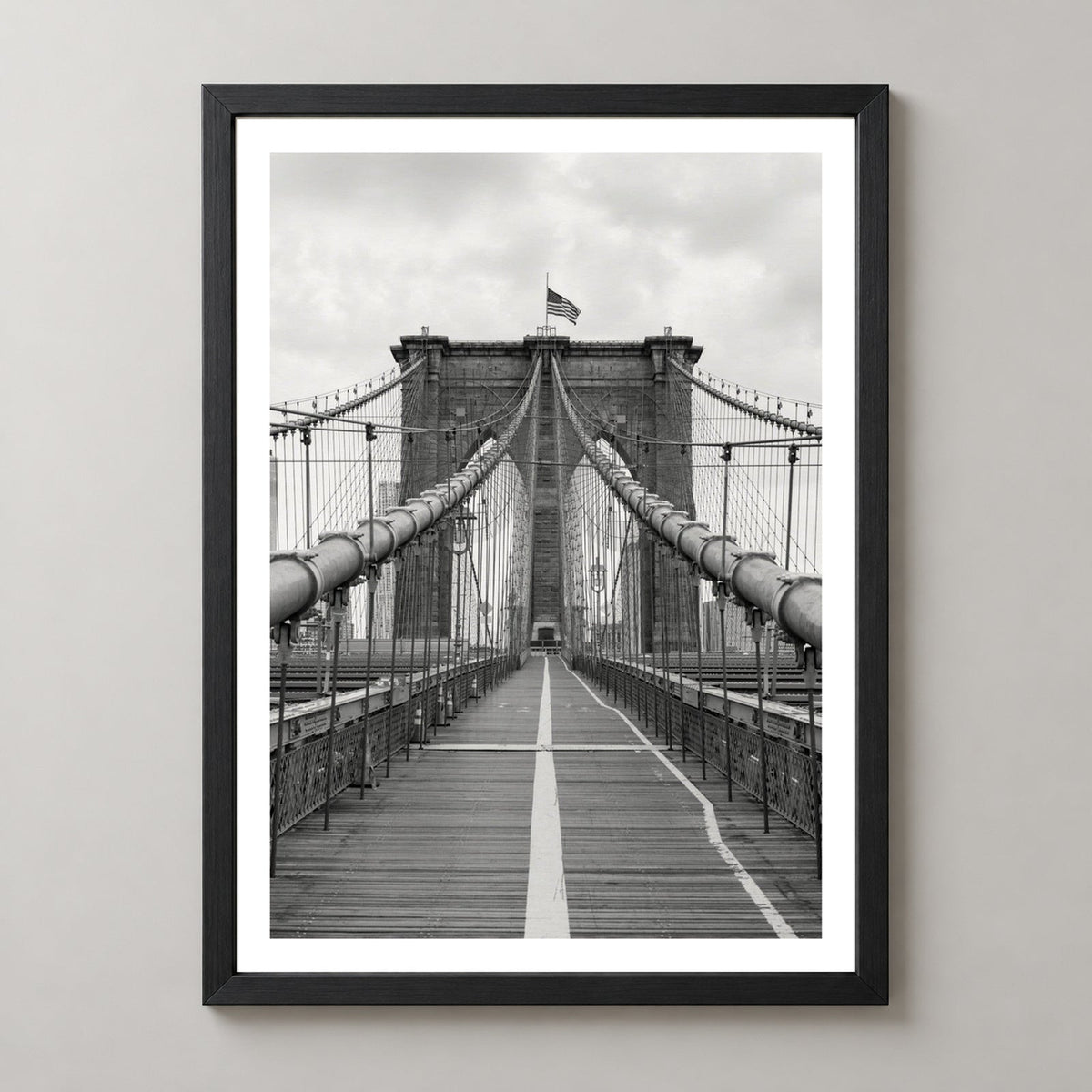 Brooklyn Bridge Black and White - Fine Art Photography — realistic black frame studio view with white border