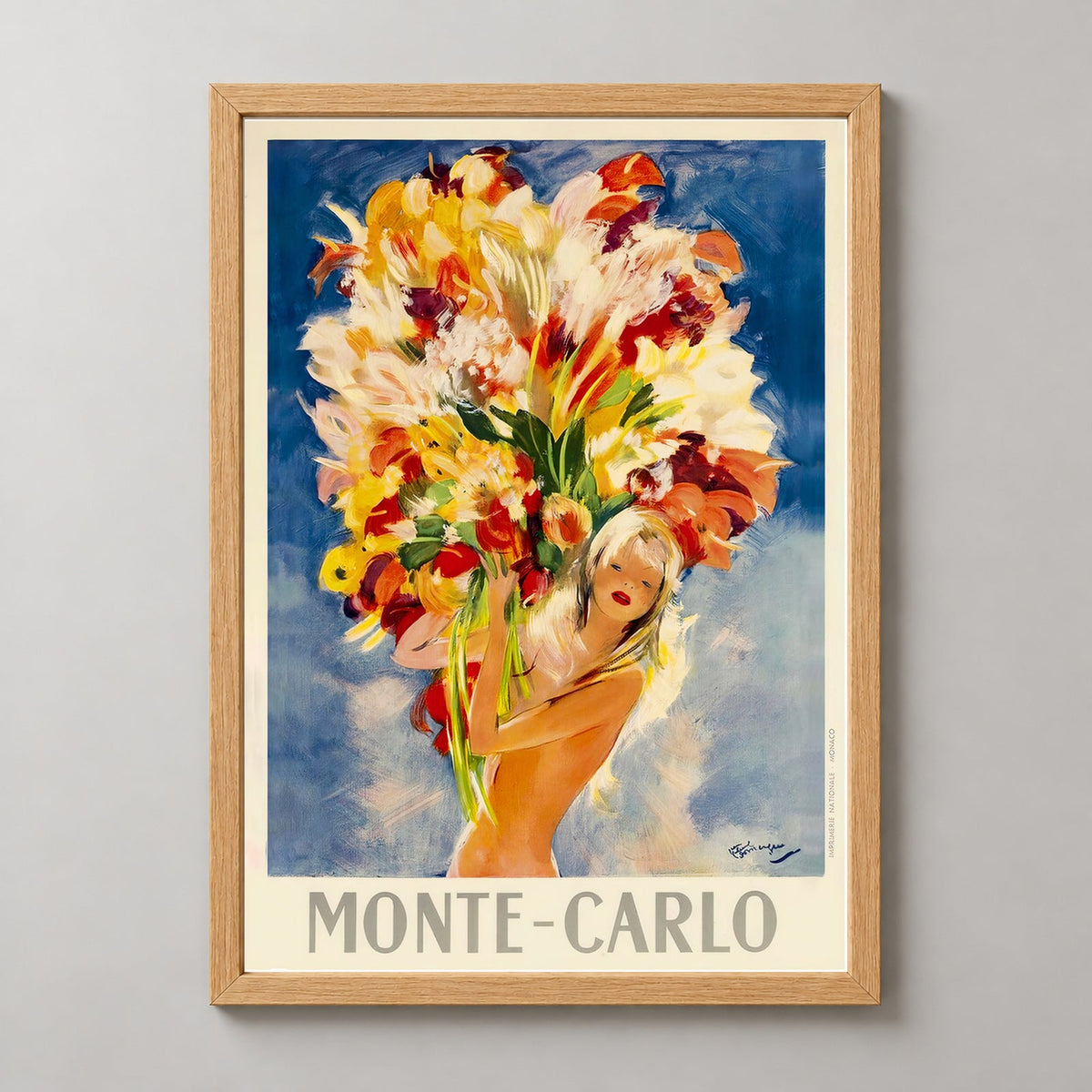 Monte Carlo Bouquet of Flowers Vintage Travel Poster — realistic natural wood frame studio view