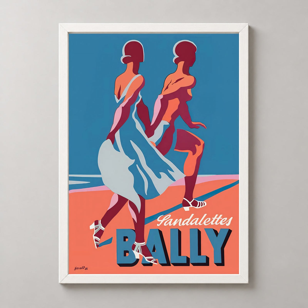 Bally Sandalettes Vintage Advertising Poster - Elegant 1950s Fashion Art — realistic white frame studio view