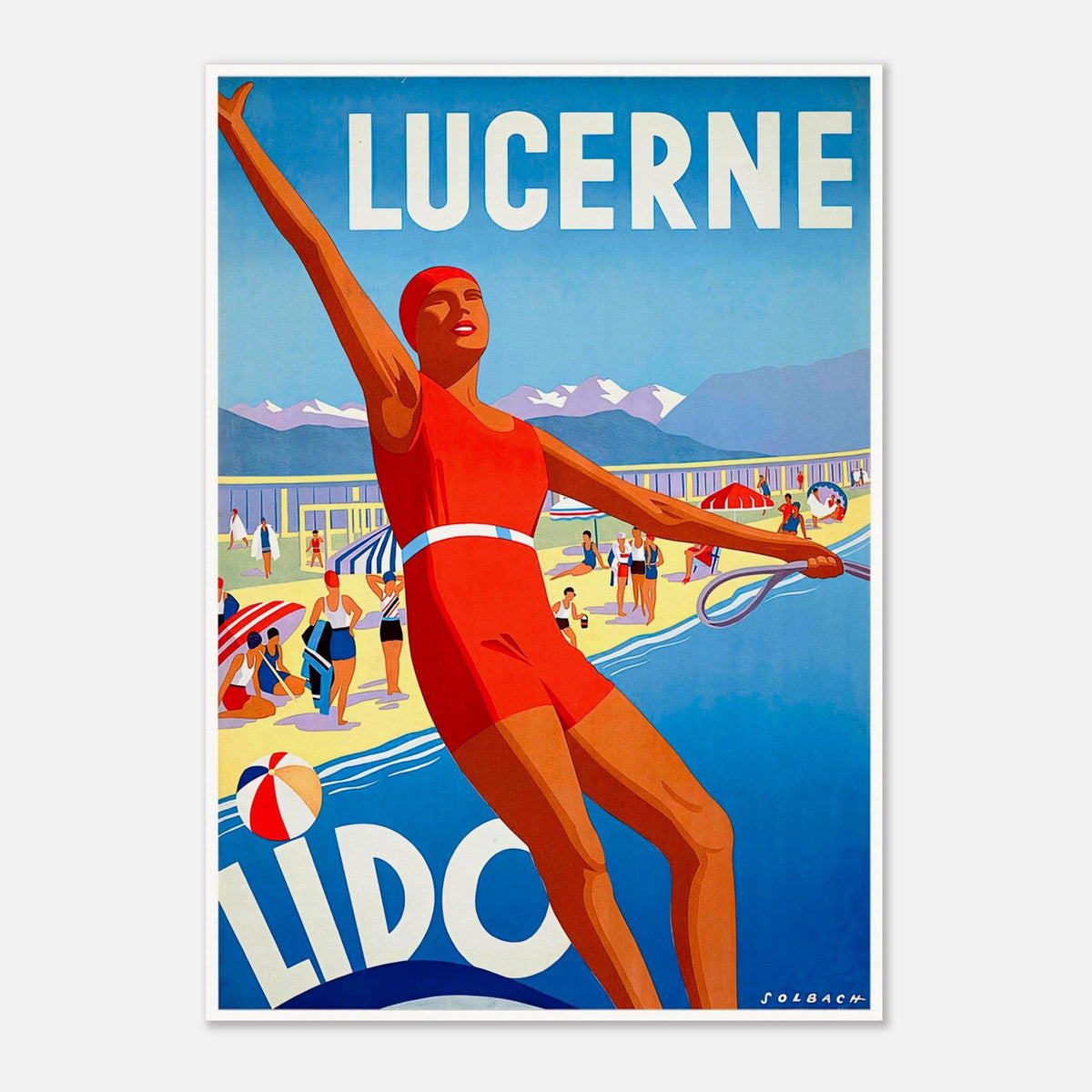 Lucerne Lido Switzerland Vintage Travel Poster
