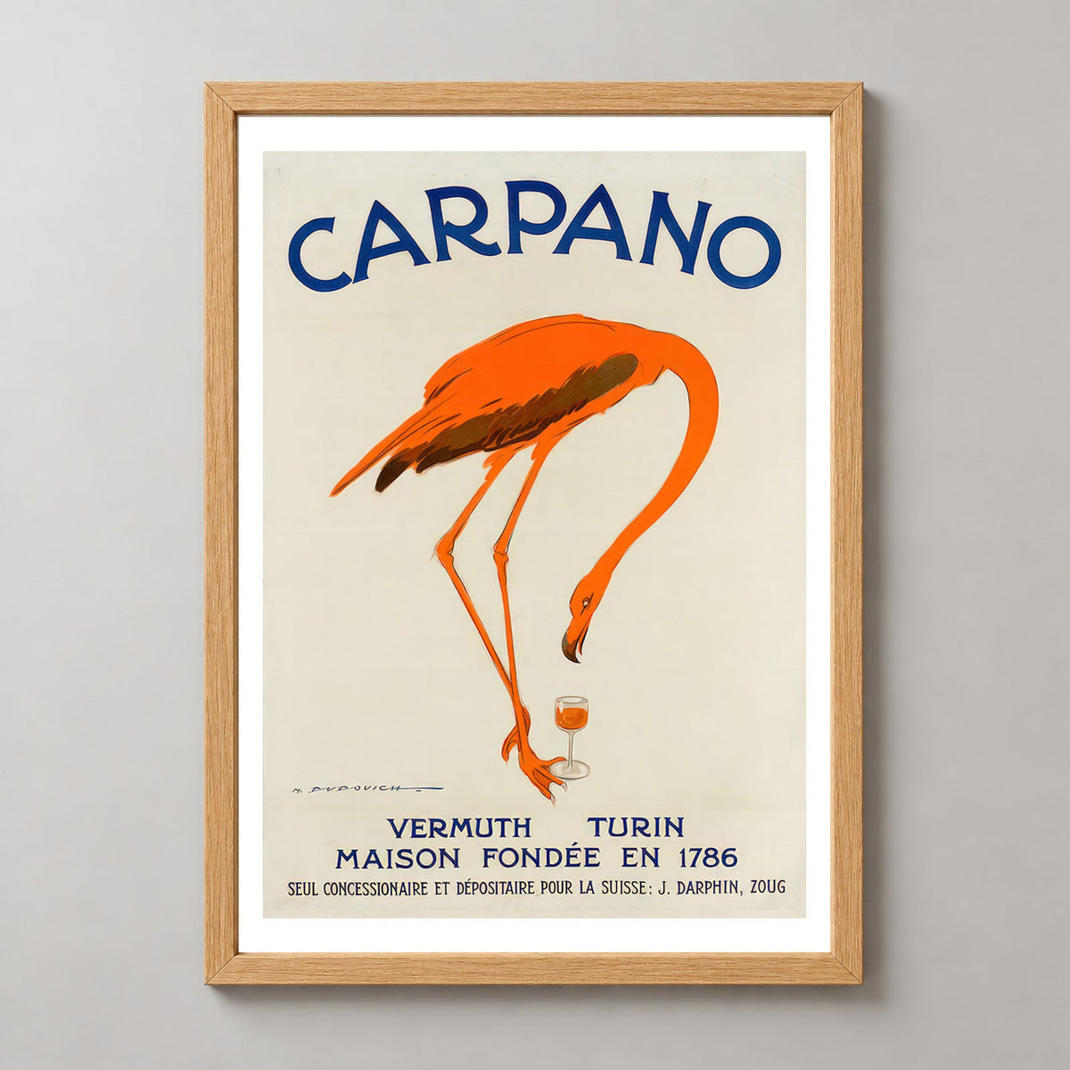 Carpano Vermouth Flamingo Vintage Advertising Poster — realistic natural wood frame studio view