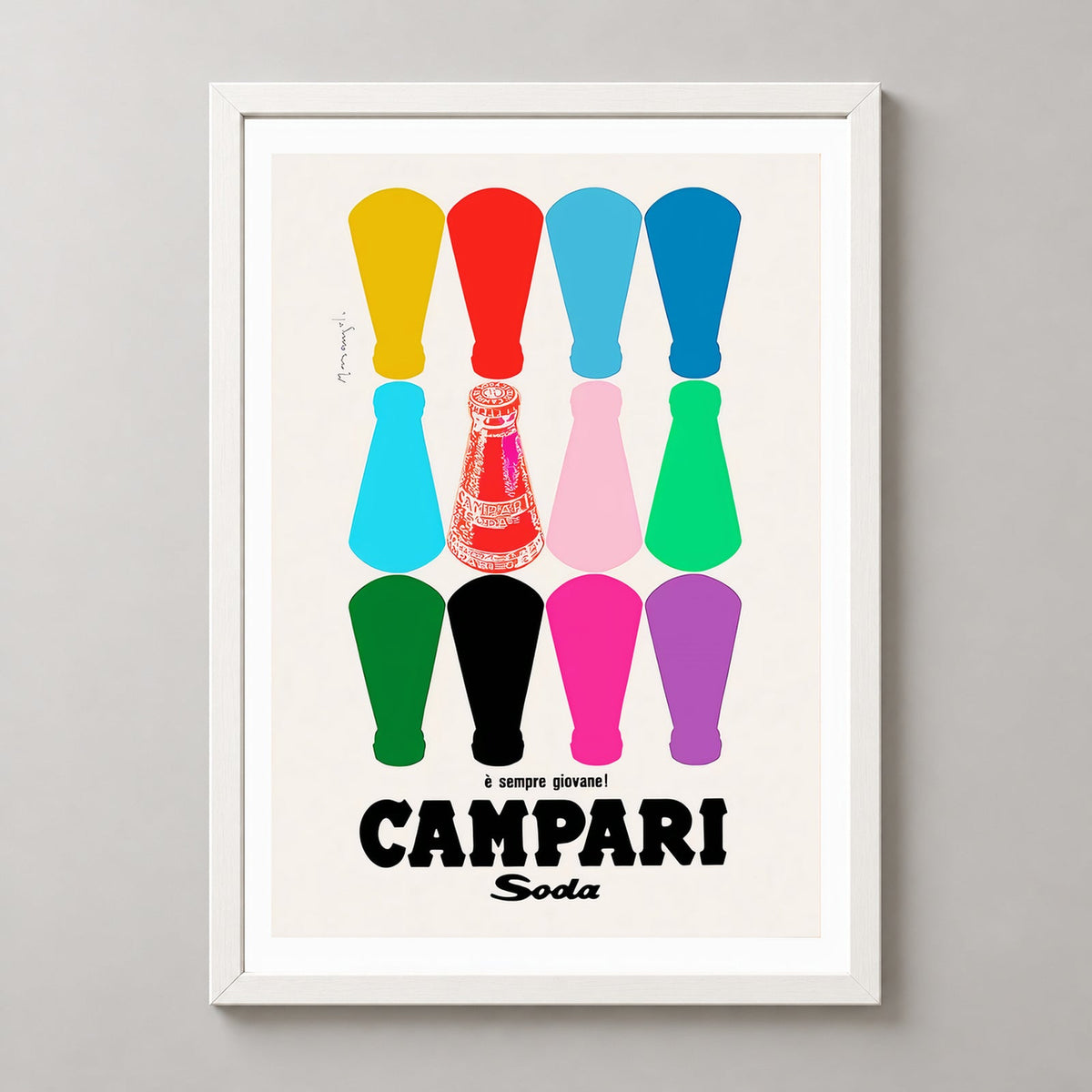 Campari Poster - Colourful Bottles - Vintage Advertising Poster — realistic white frame studio view