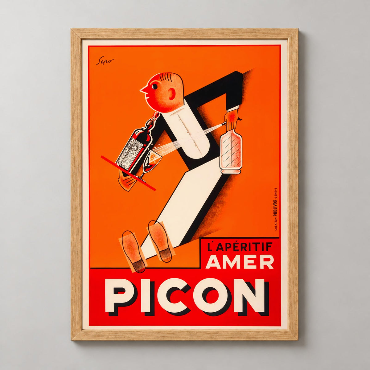Amer Picon Waiter Vintage Advertising Poster - French Aperitif Art Print — realistic natural wood frame studio view