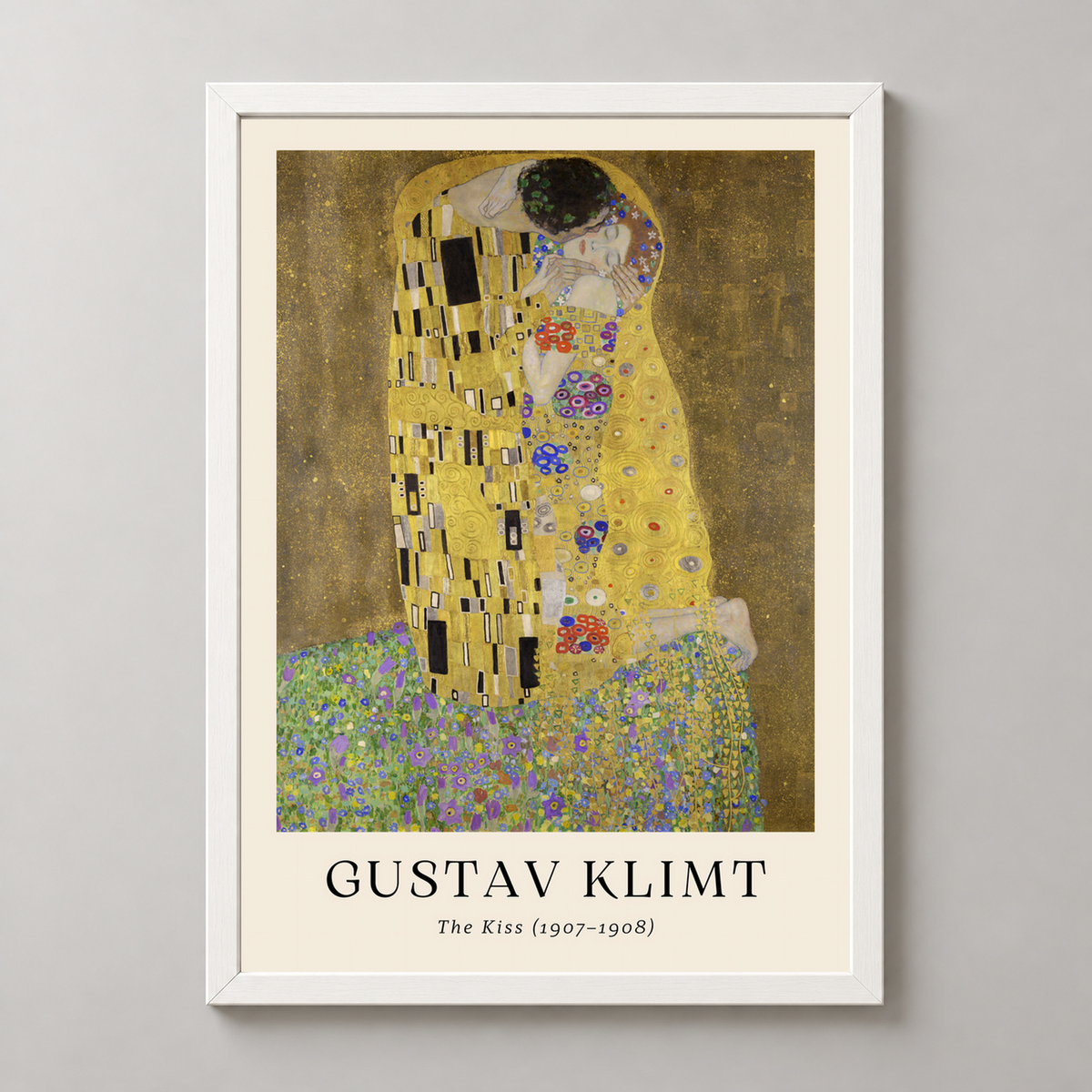 Gustav Klimt's The Kiss - Iconic Symbolist Art Print — realistic white frame studio view