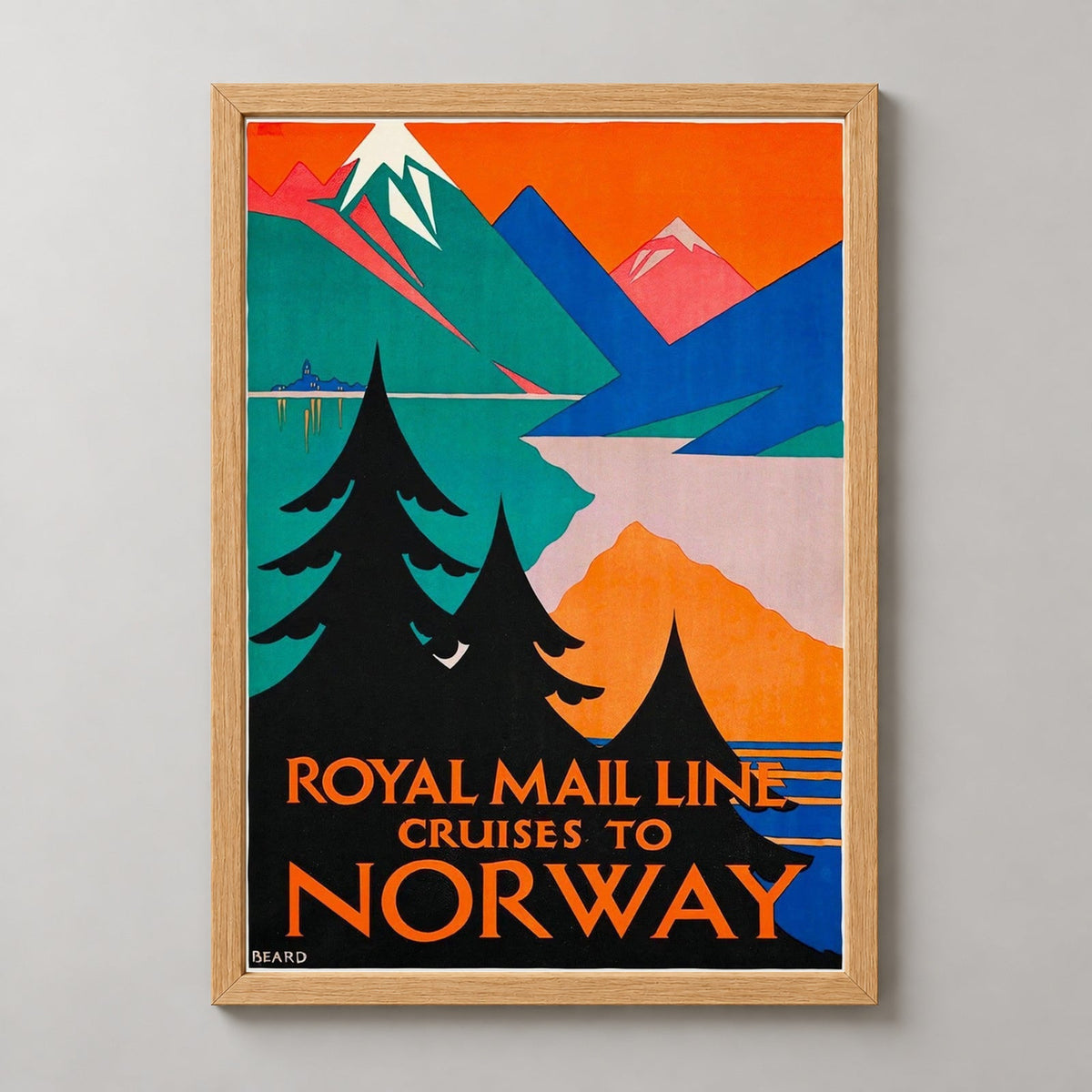Royal Mail Line Cruise to Norway Vintage Travel Poster — realistic natural wood frame studio view