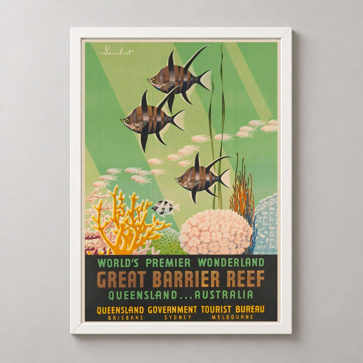 Great Barrier Reef Queensland Australia Vintage Travel Poster — realistic white frame studio view