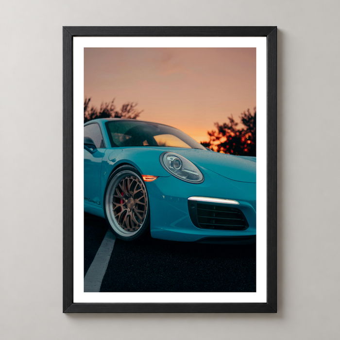 Blue Sports Car at Sunset - Modern Automotive Art Print