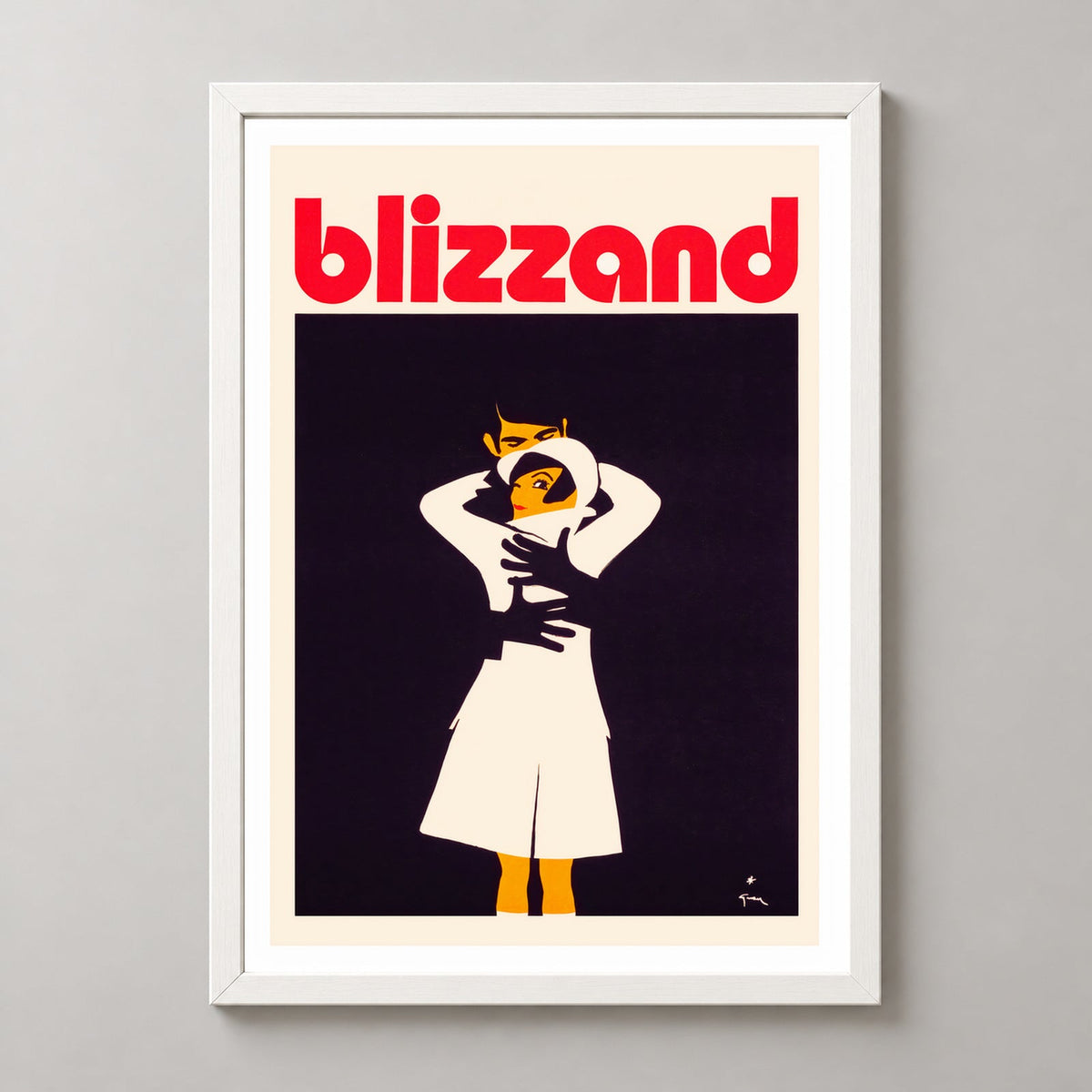 Blizzand Embrace Vintage Advertising Poster - Vibrant Retro Art Print — realistic white frame studio view