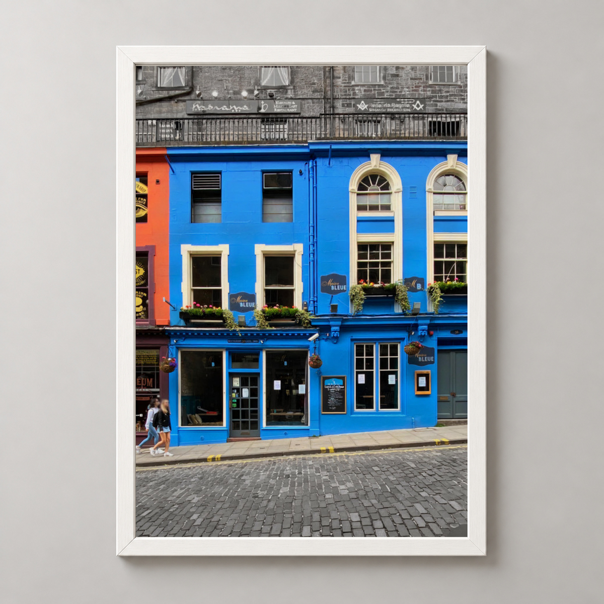 Vibrant Edinburgh Facades - Colorful Street Art Print — realistic white frame studio view