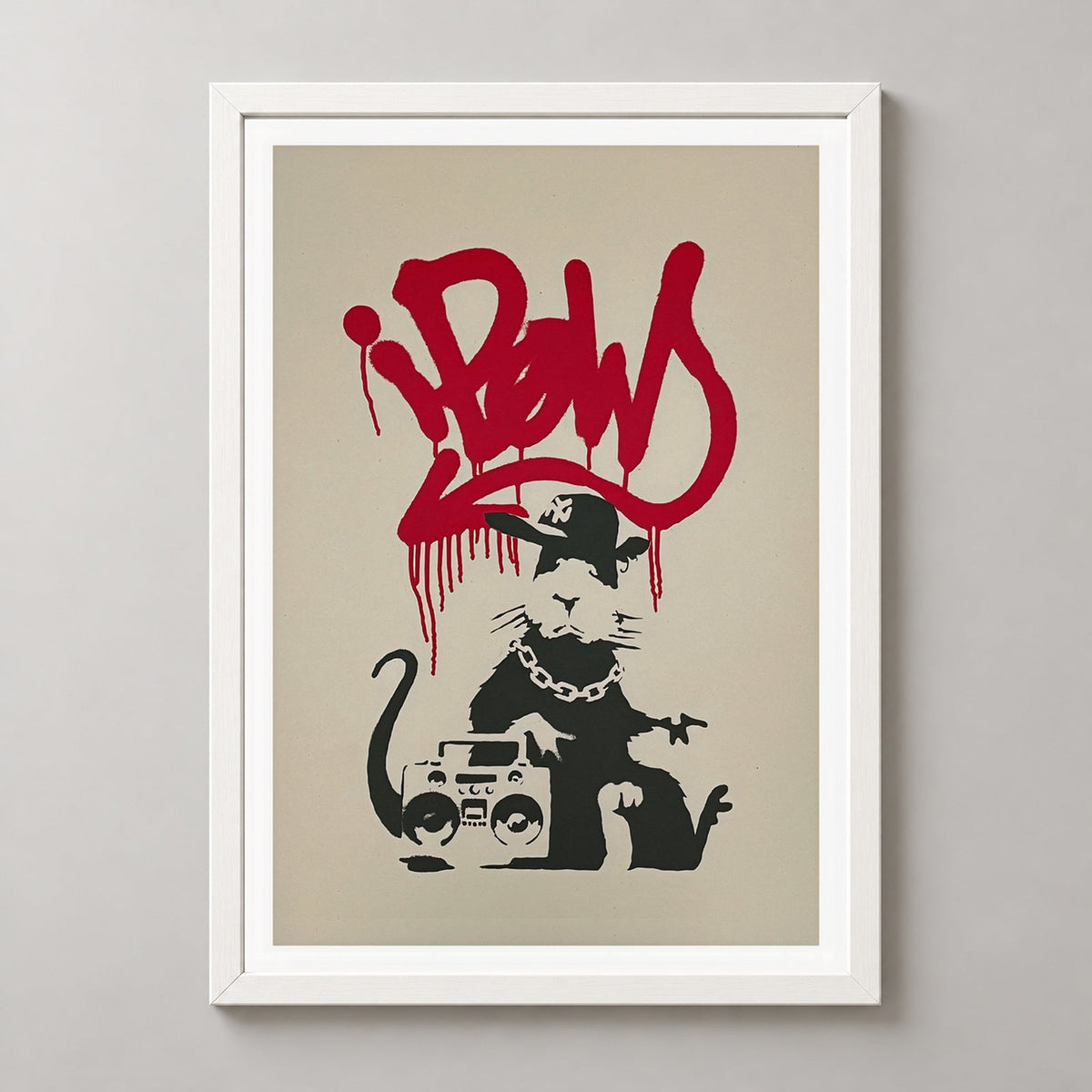 Banksy Gangsta Rat, 2004 — realistic white frame studio view